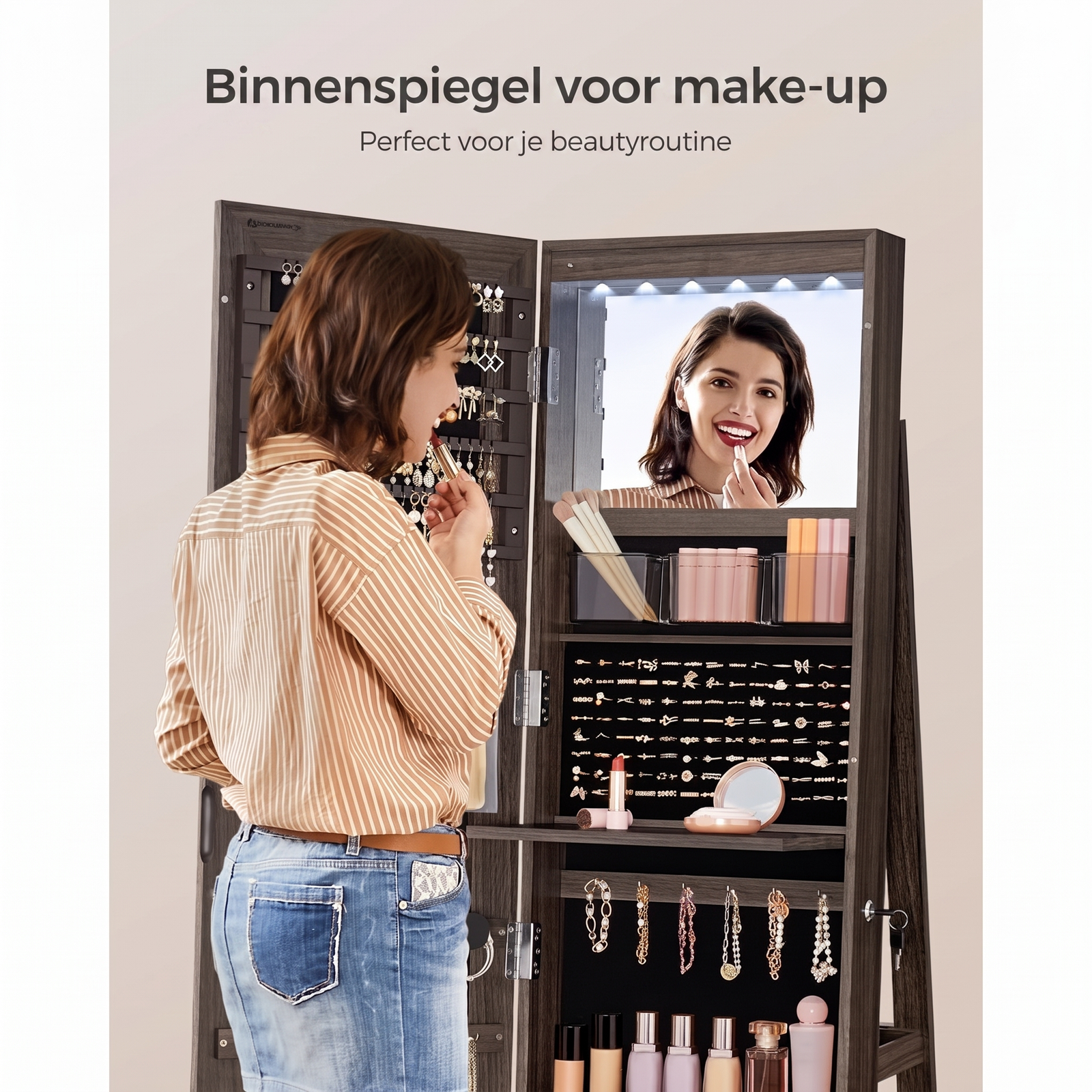 360° Draaibare Sieradenkast met Spiegel en LED-Verlichting – productweergave 33 | De Groot Living
