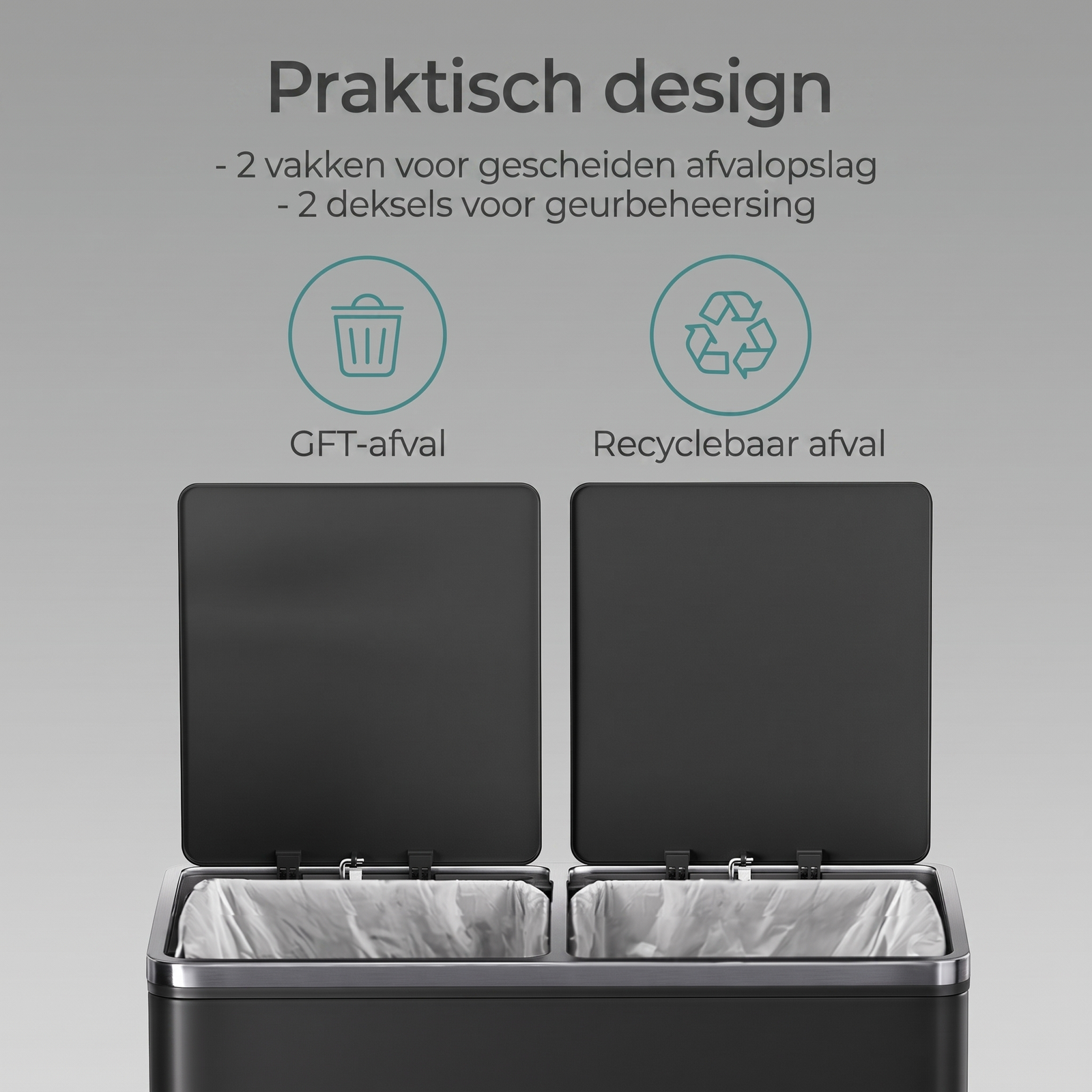 Afvalscheidingsbak met 2 Vakken en Pedaalbediening – productweergave 2 | De Groot Living
