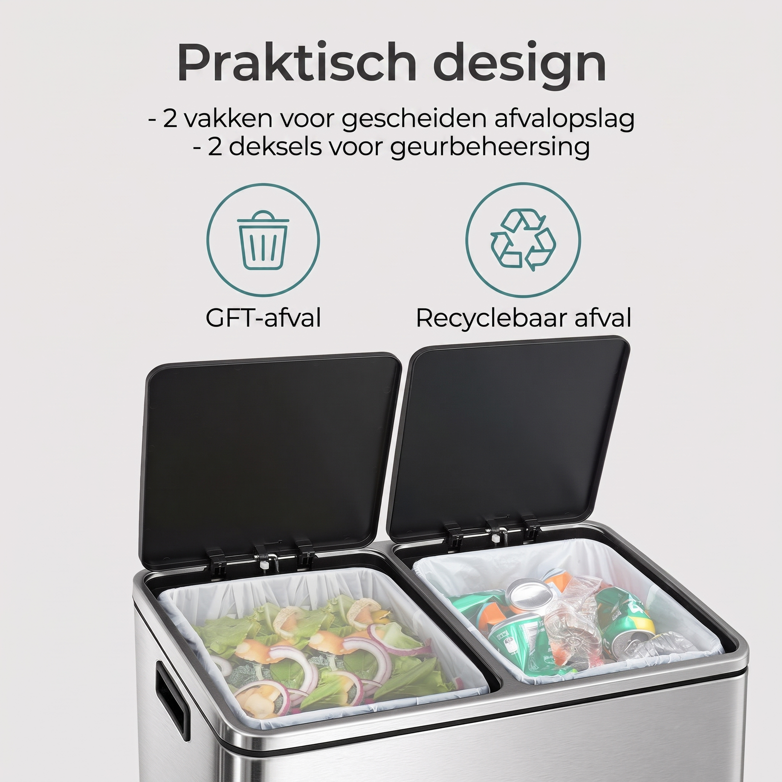 Afvalscheidingsbak met 2 Vakken en Pedaalbediening – productweergave 7 | De Groot Living
