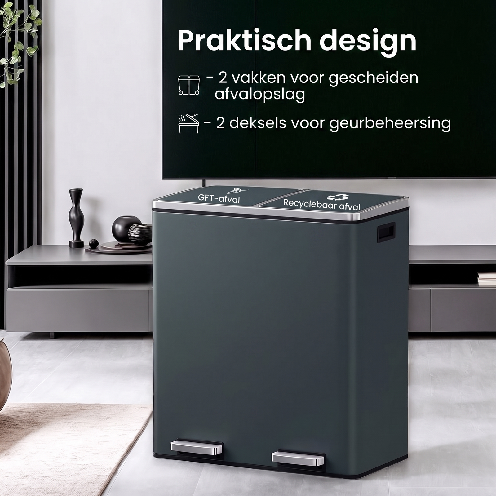 Afvalscheidingsbak met 2 Vakken en Pedaalbediening – productweergave 12 | De Groot Living