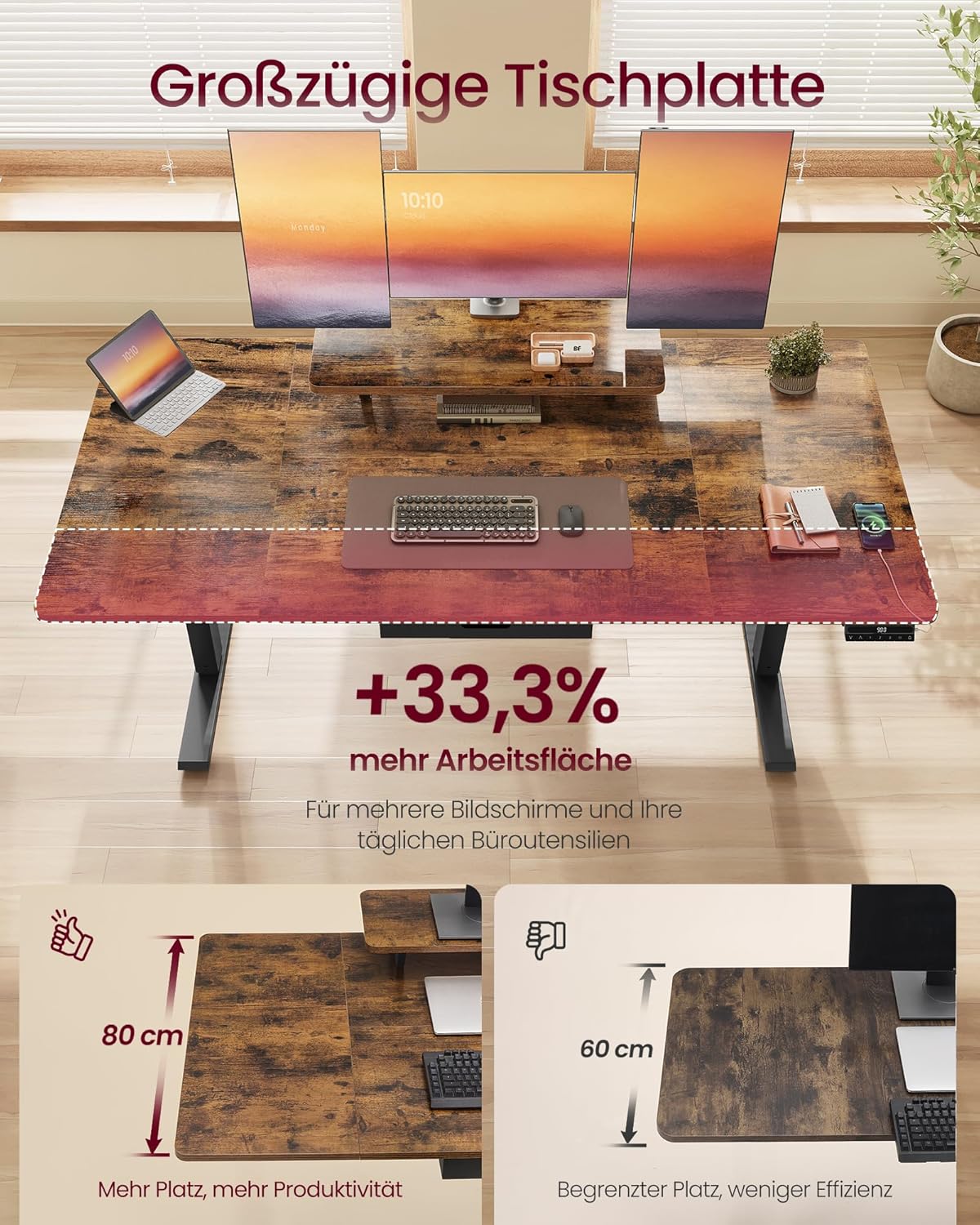 Elektrisch Verstelbaar Zit-Sta Bureau met Monitorstandaard – close-up detail | De Groot Living