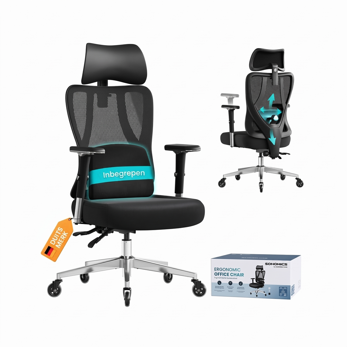 Ergonomische Bureaustoel met Verstelbare Lendensteun en 4D Armleuningen – productweergave 1 | De Groot Living