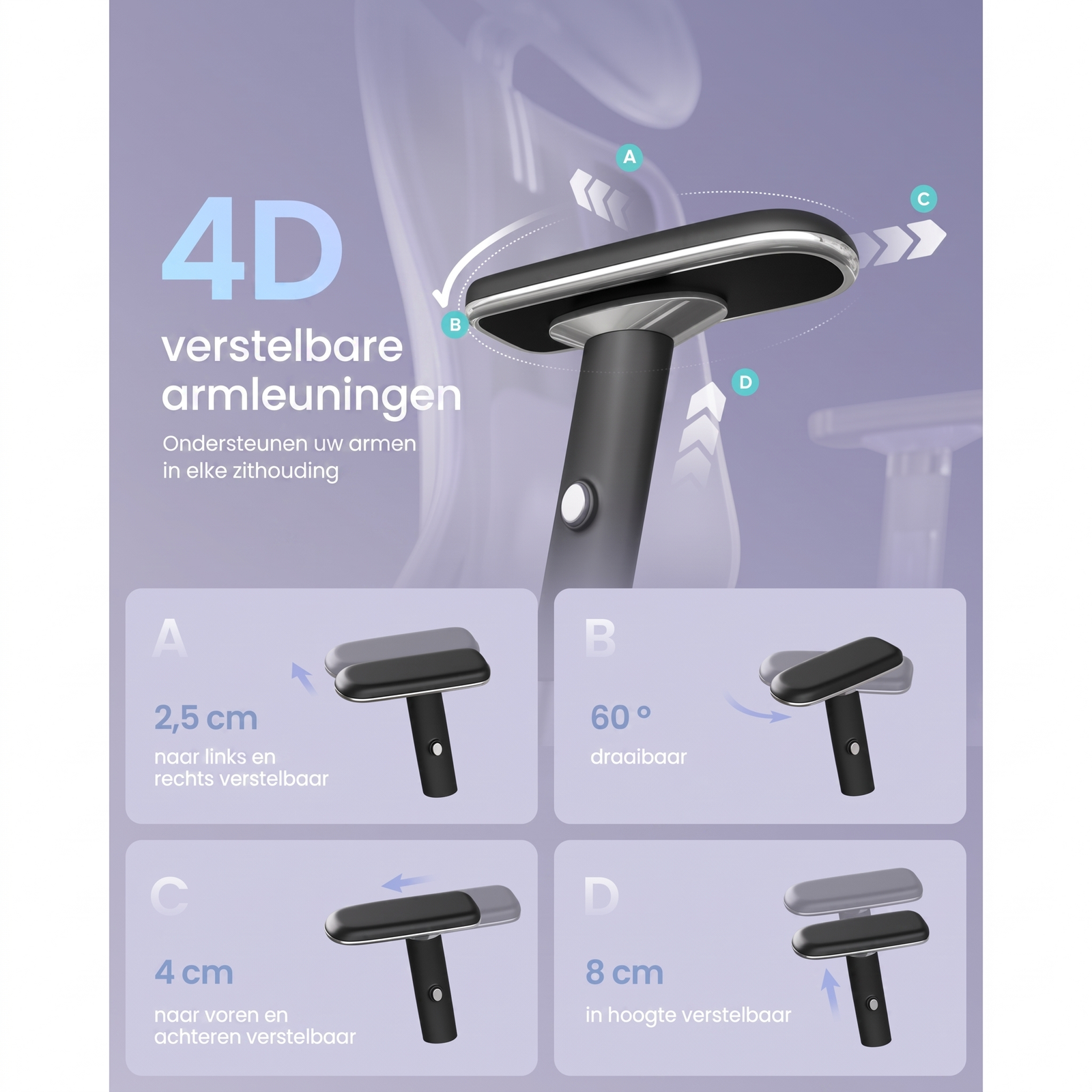 Ergonomische Bureaustoel met Verstelbare Lendensteun en 4D Armleuningen – productweergave 5 | De Groot Living