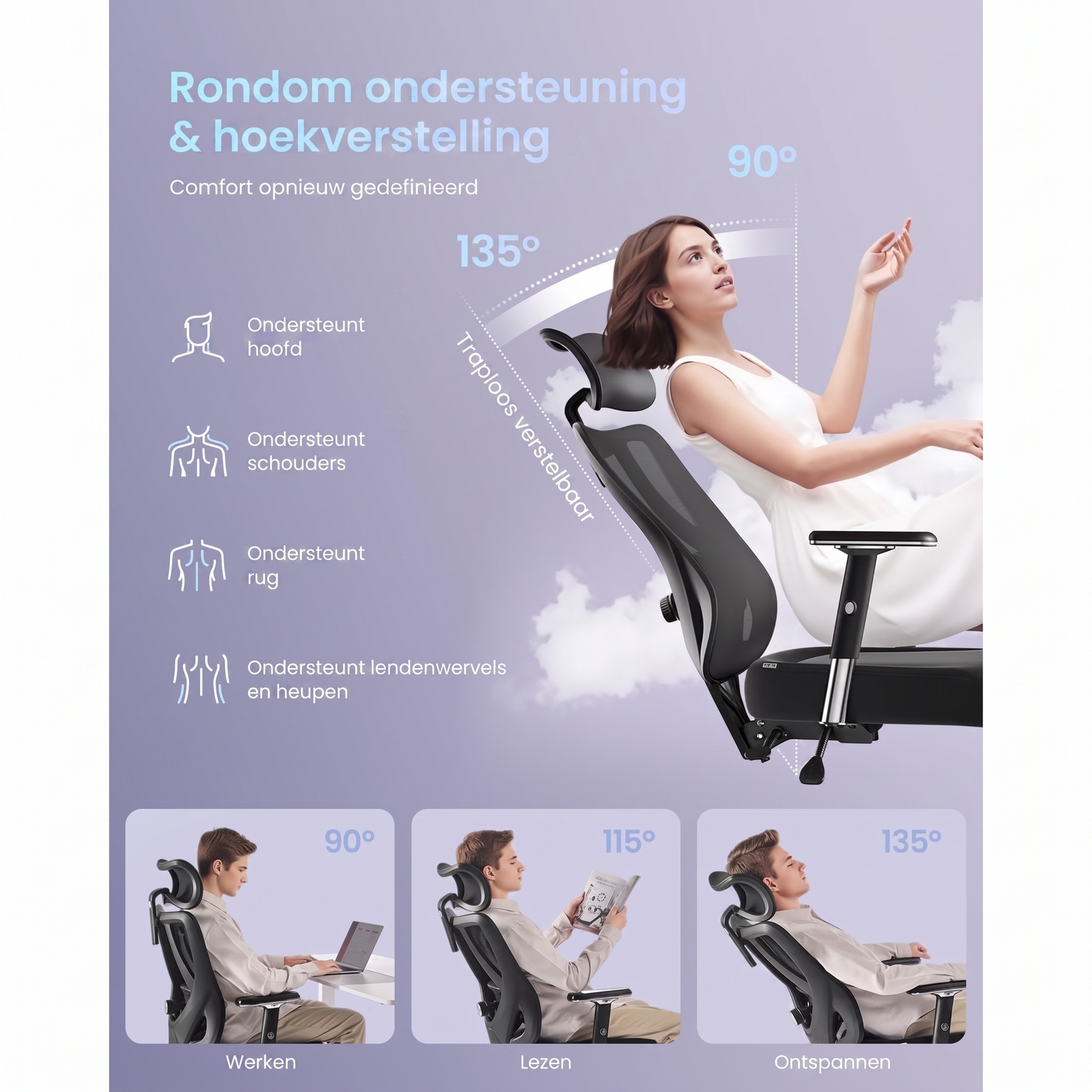 Ergonomische Bureaustoel met Verstelbare Lendensteun en 4D Armleuningen – productweergave 6 | De Groot Living