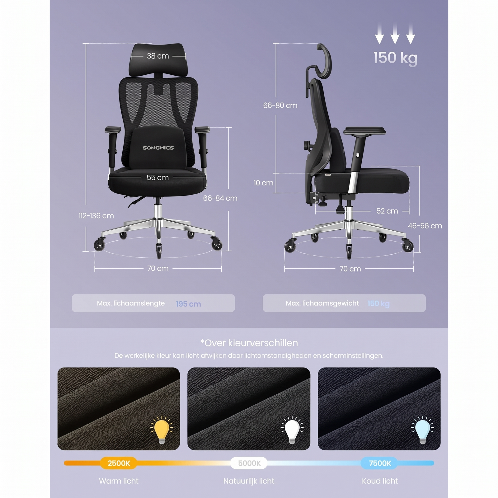 Ergonomische Bureaustoel met Verstelbare Lendensteun en 4D Armleuningen – productweergave 7 | De Groot Living