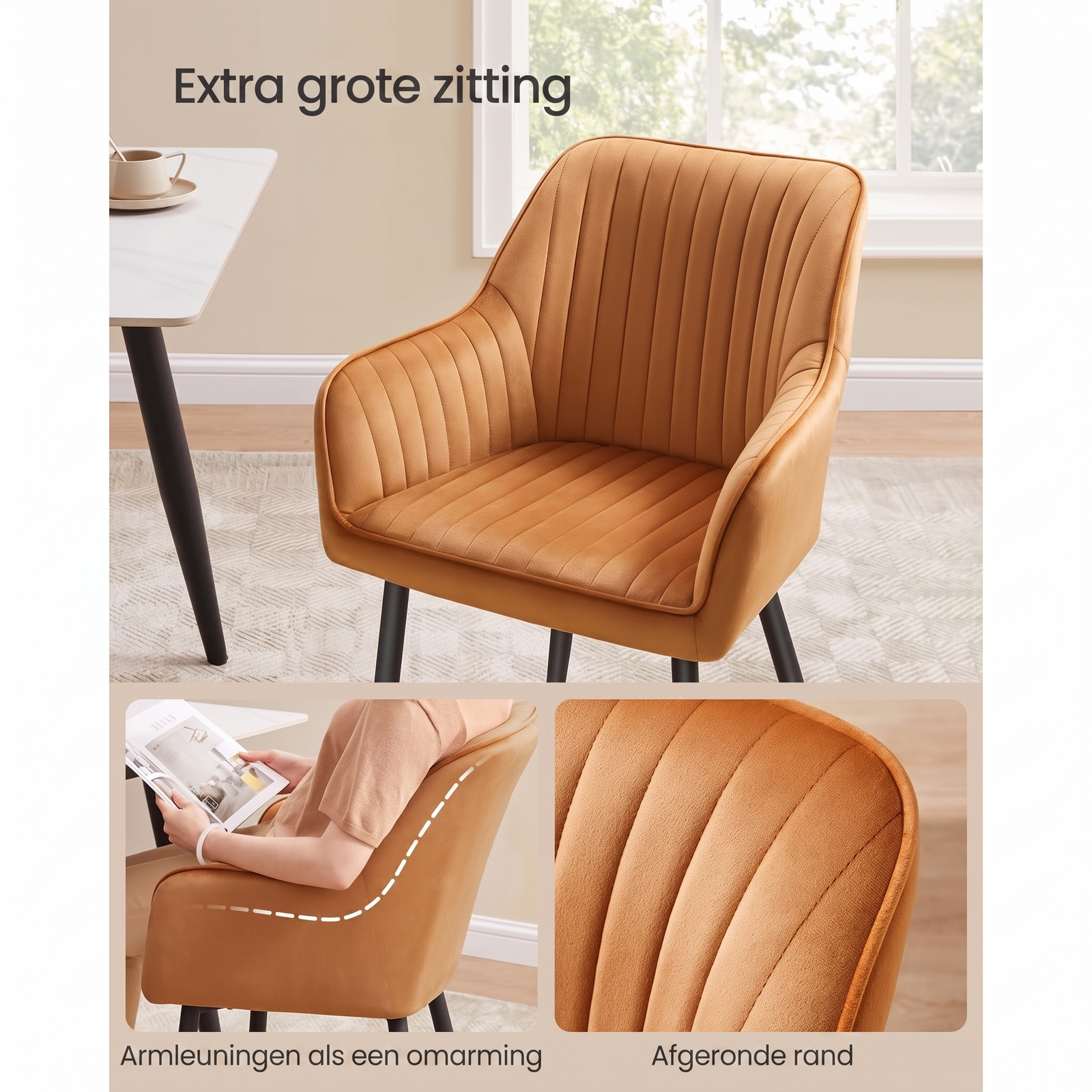 Fluwelen Eetkamerstoel met Armleuningen en Metalen Onderstel – productweergave 45 | De Groot Living