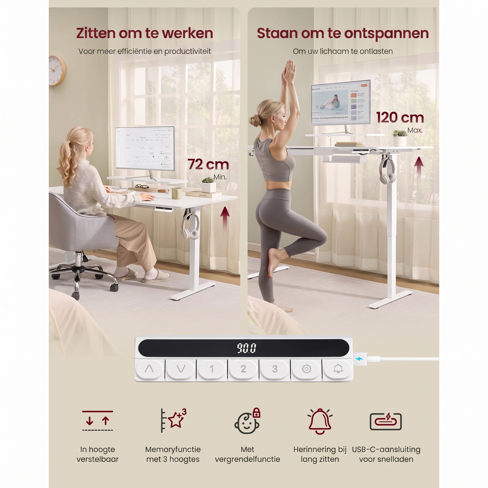 In Hoogte Verstelbaar Bureau met Monitorstandaard en Geheugenfunctie – productweergave 6 | De Groot Living
