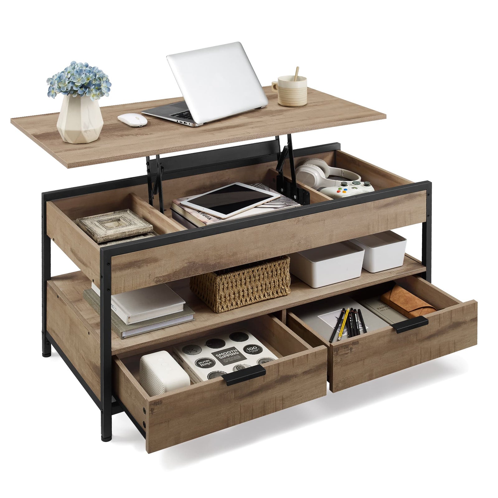 In Hoogte Verstelbare Salontafel met Laden en Open Vak – productweergave 3 | De Groot Living