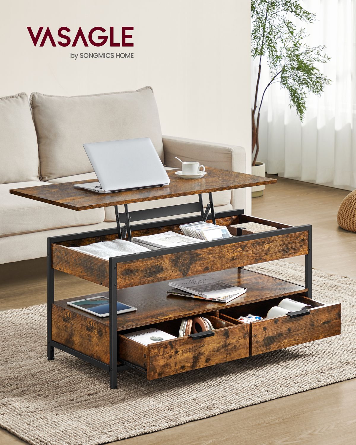 In Hoogte Verstelbare Salontafel met Laden en Open Vak – productweergave 5 | De Groot Living