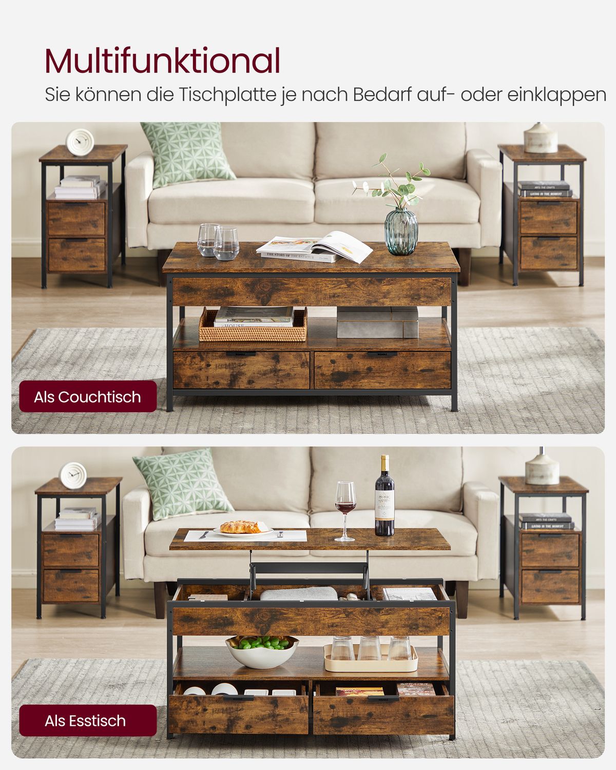 In Hoogte Verstelbare Salontafel met Laden en Open Vak – productweergave 6 | De Groot Living