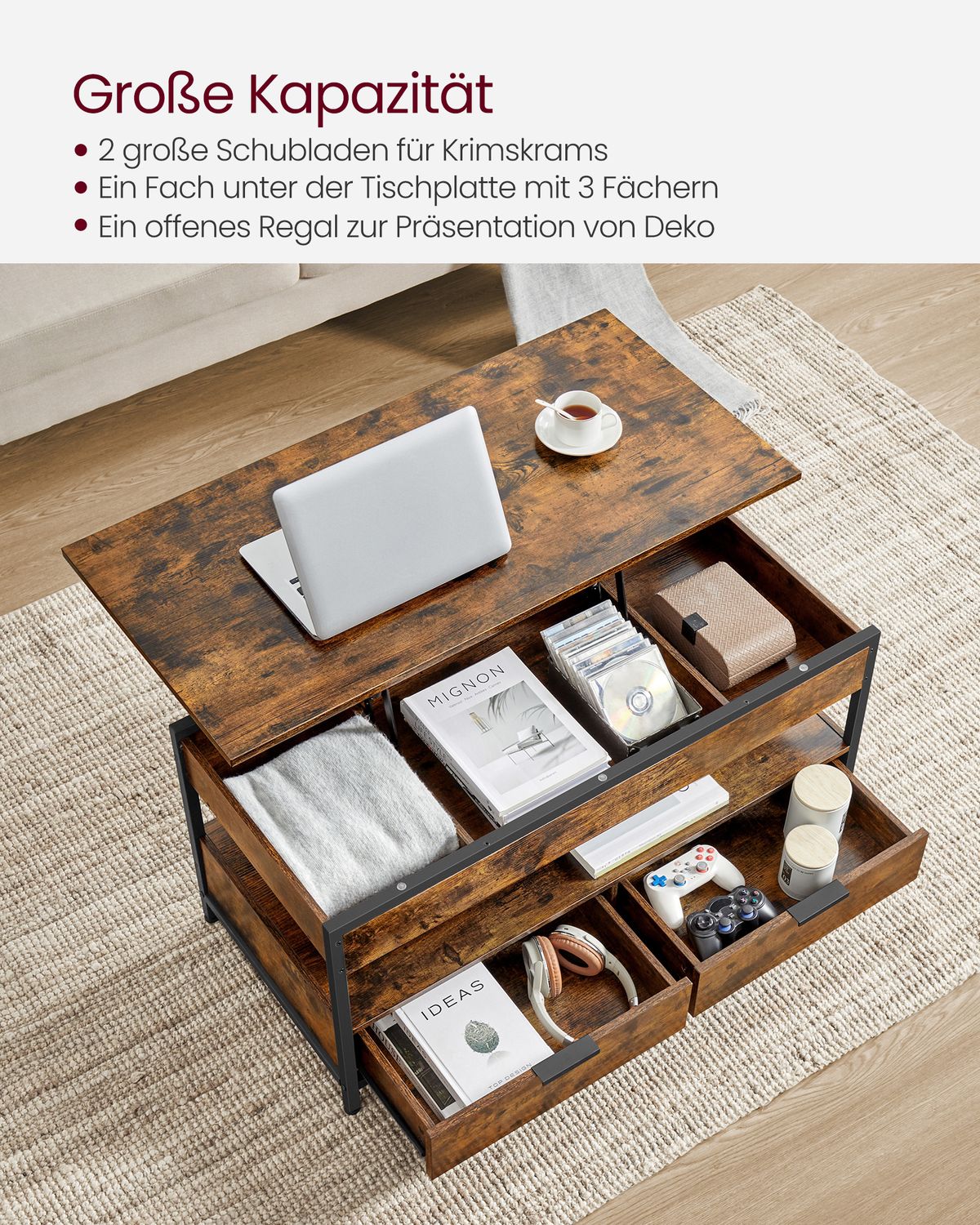 In Hoogte Verstelbare Salontafel met Laden en Open Vak – productweergave 7 | De Groot Living