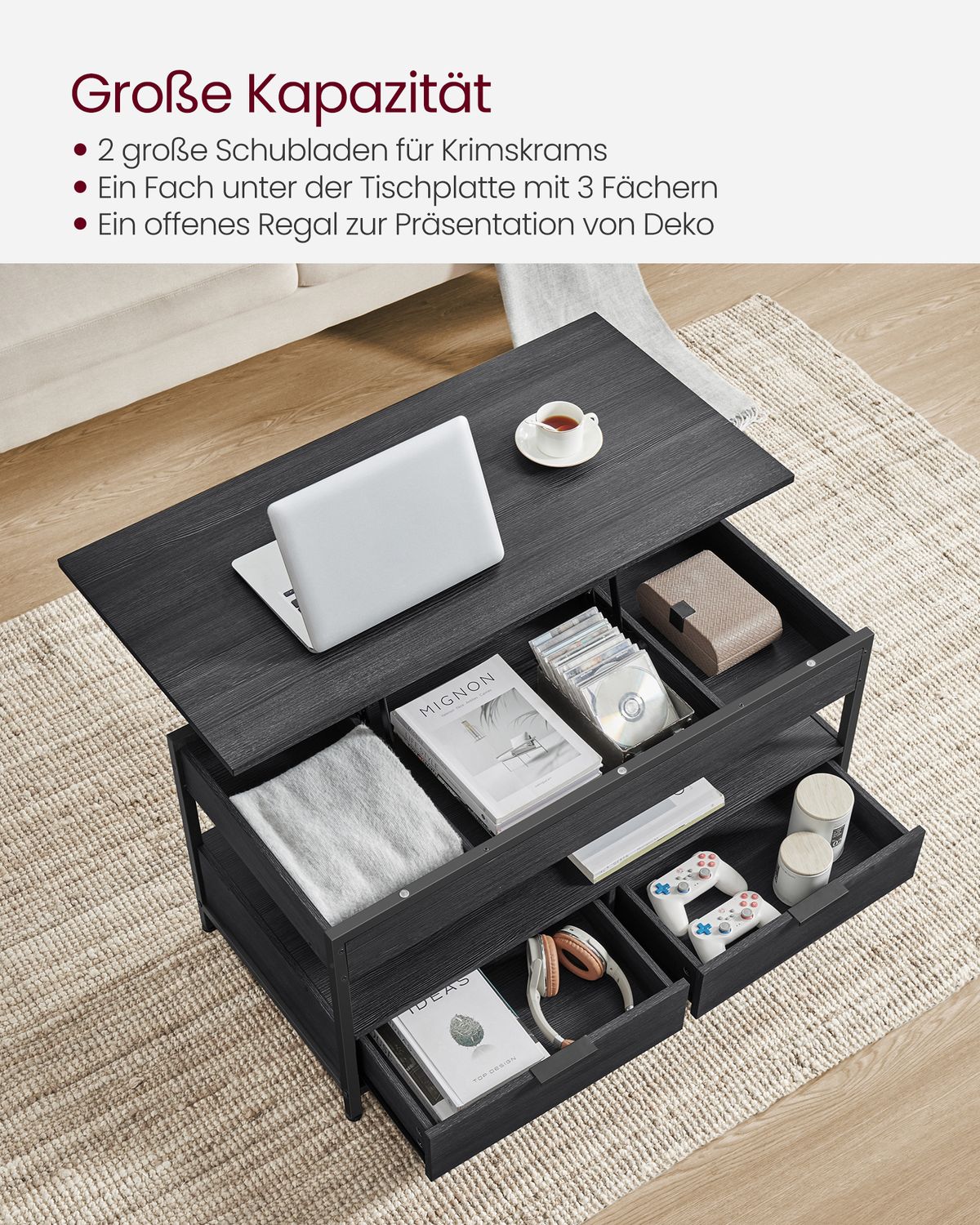 In Hoogte Verstelbare Salontafel met Laden en Open Vak – productweergave 13 | De Groot Living