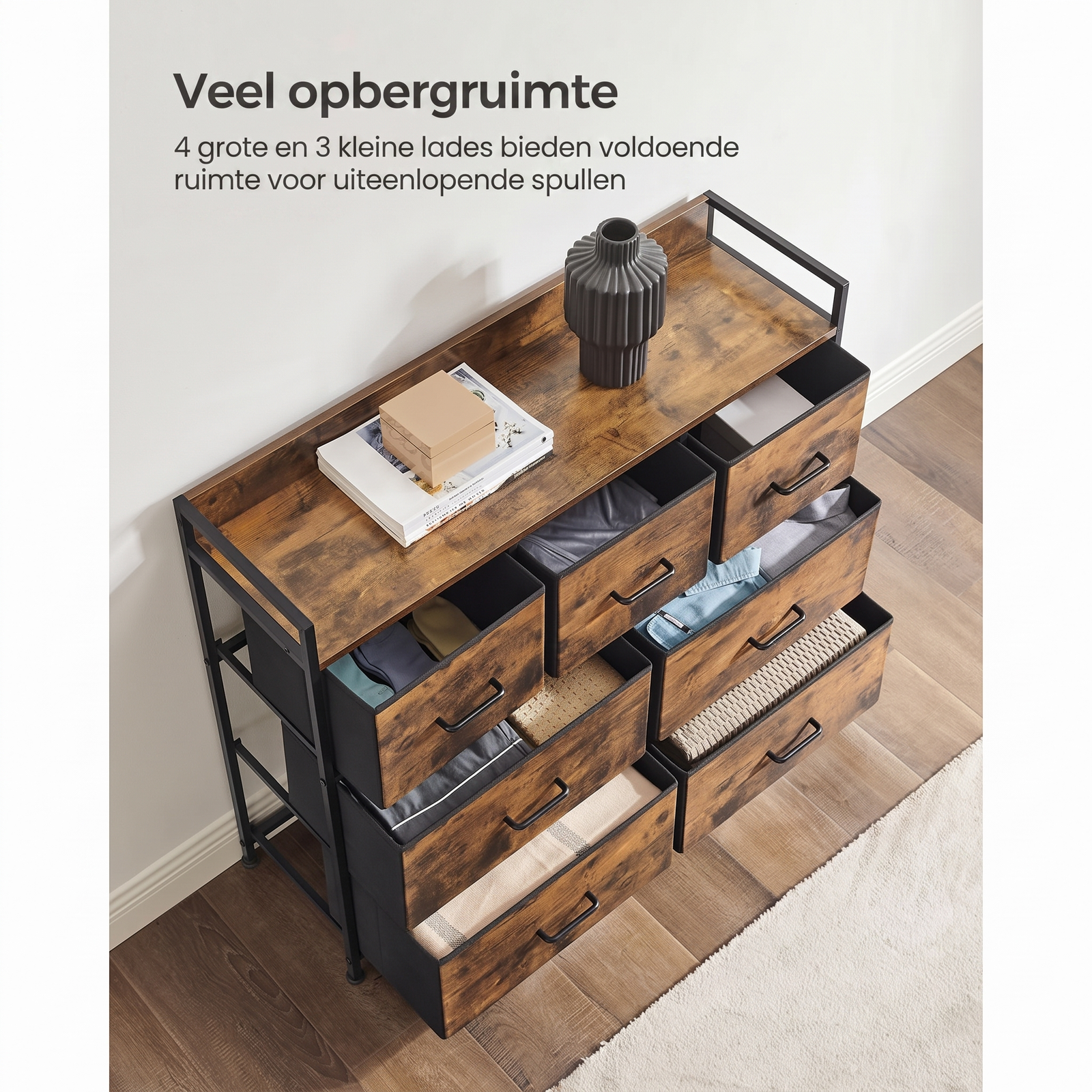 Industriële Ladekast met 7 Stoffen Lades en Metalen Frame – productweergave 3 | De Groot Living