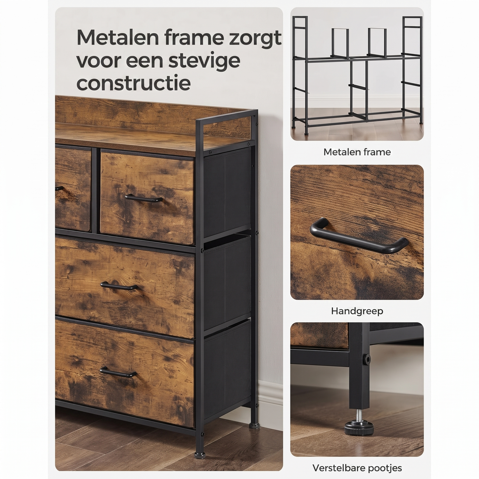 Industriële Ladekast met 7 Stoffen Lades en Metalen Frame – productweergave 7 | De Groot Living
