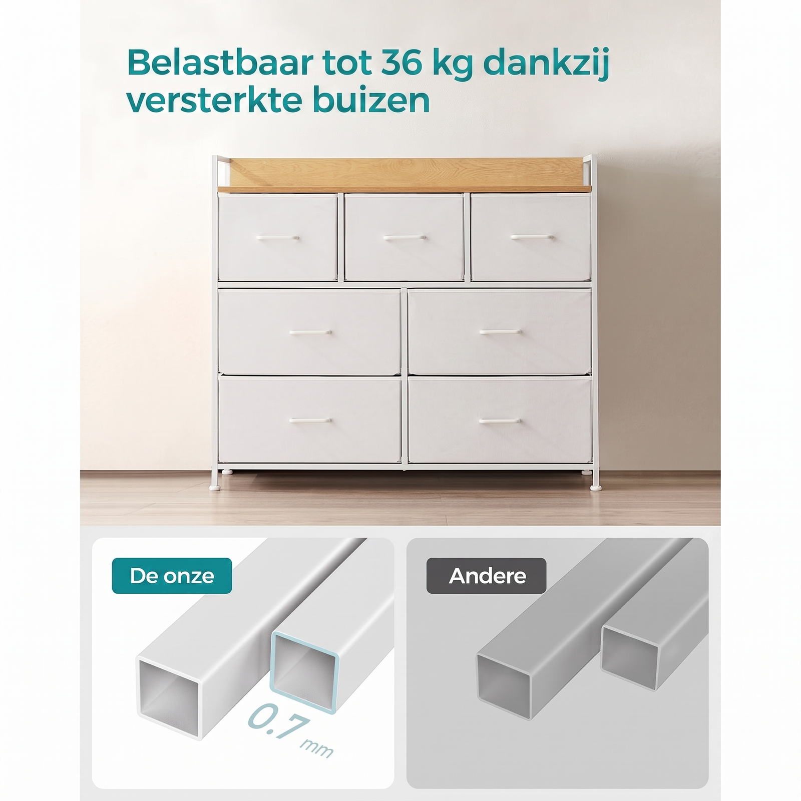 Industriële Ladekast met 7 Stoffen Lades en Metalen Frame – productweergave 13 | De Groot Living