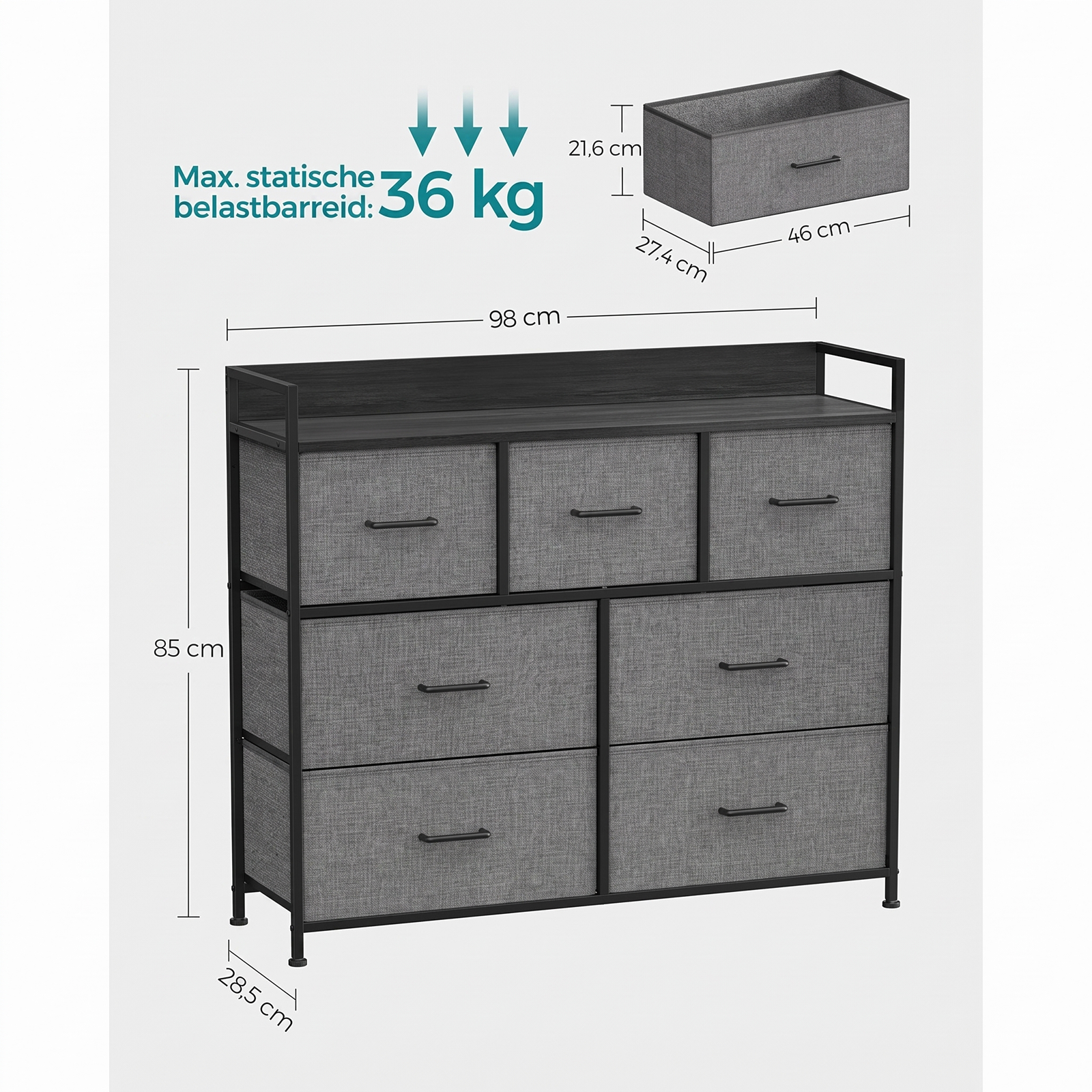Industriële Ladekast met 7 Stoffen Lades en Metalen Frame – productweergave 24 | De Groot Living