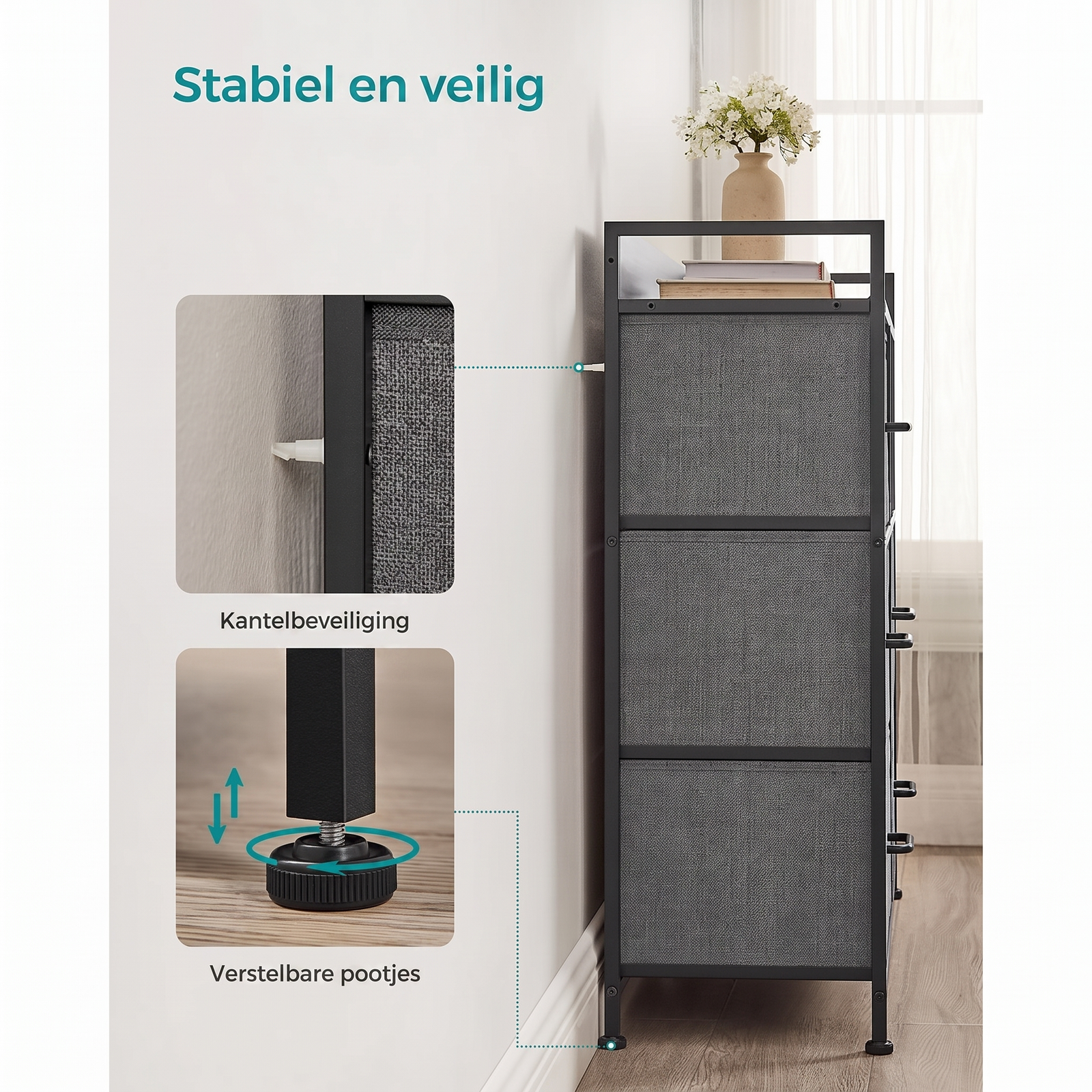 Industriële Ladekast met 7 Stoffen Lades en Metalen Frame – productweergave 26 | De Groot Living