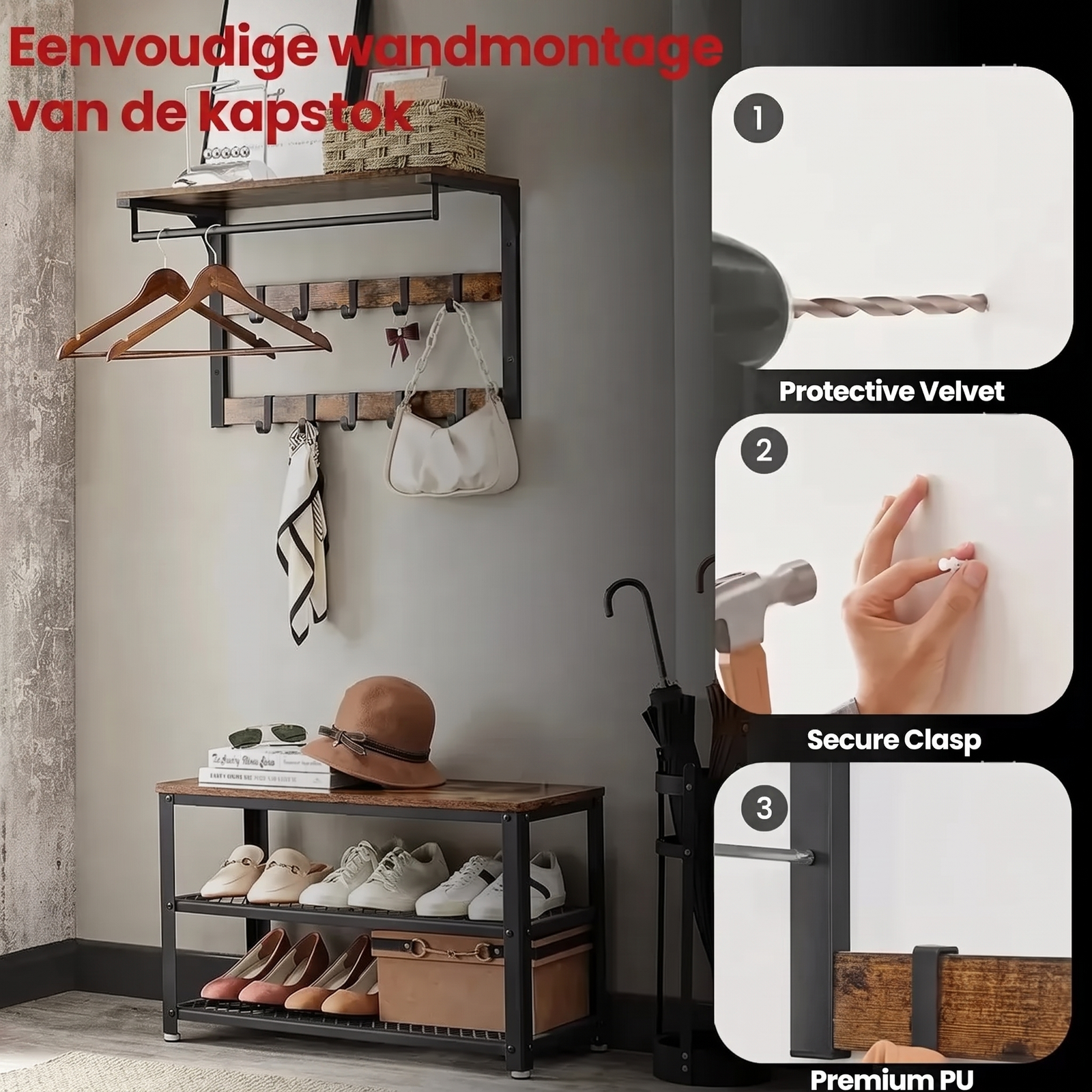 Kapstok en Schoenenbank Set met Haken – productweergave 5 | De Groot Living