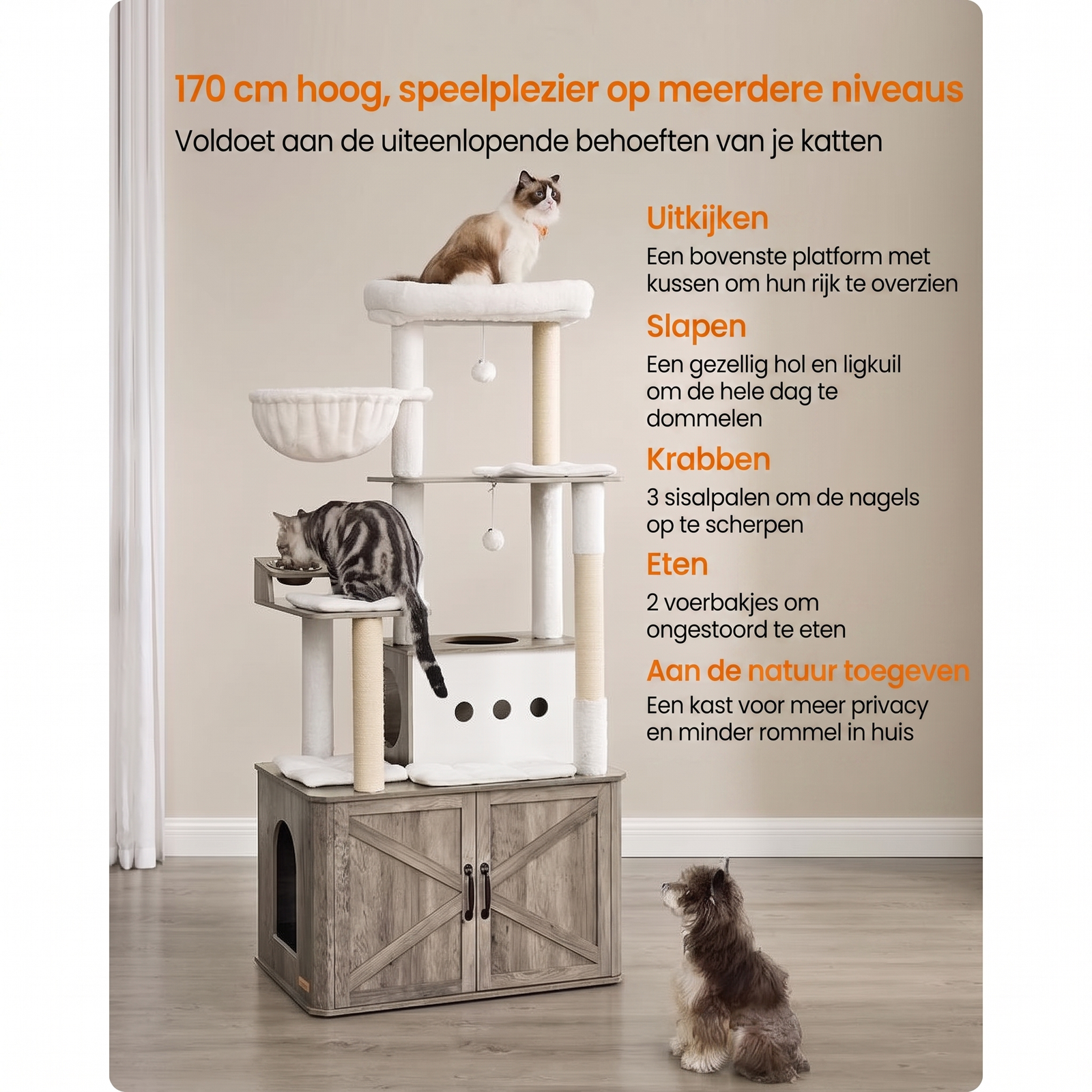 Kattenkrabpaal 170 cm met Kattenhuis en Opbergruimte – productweergave 5 | De Groot Living
