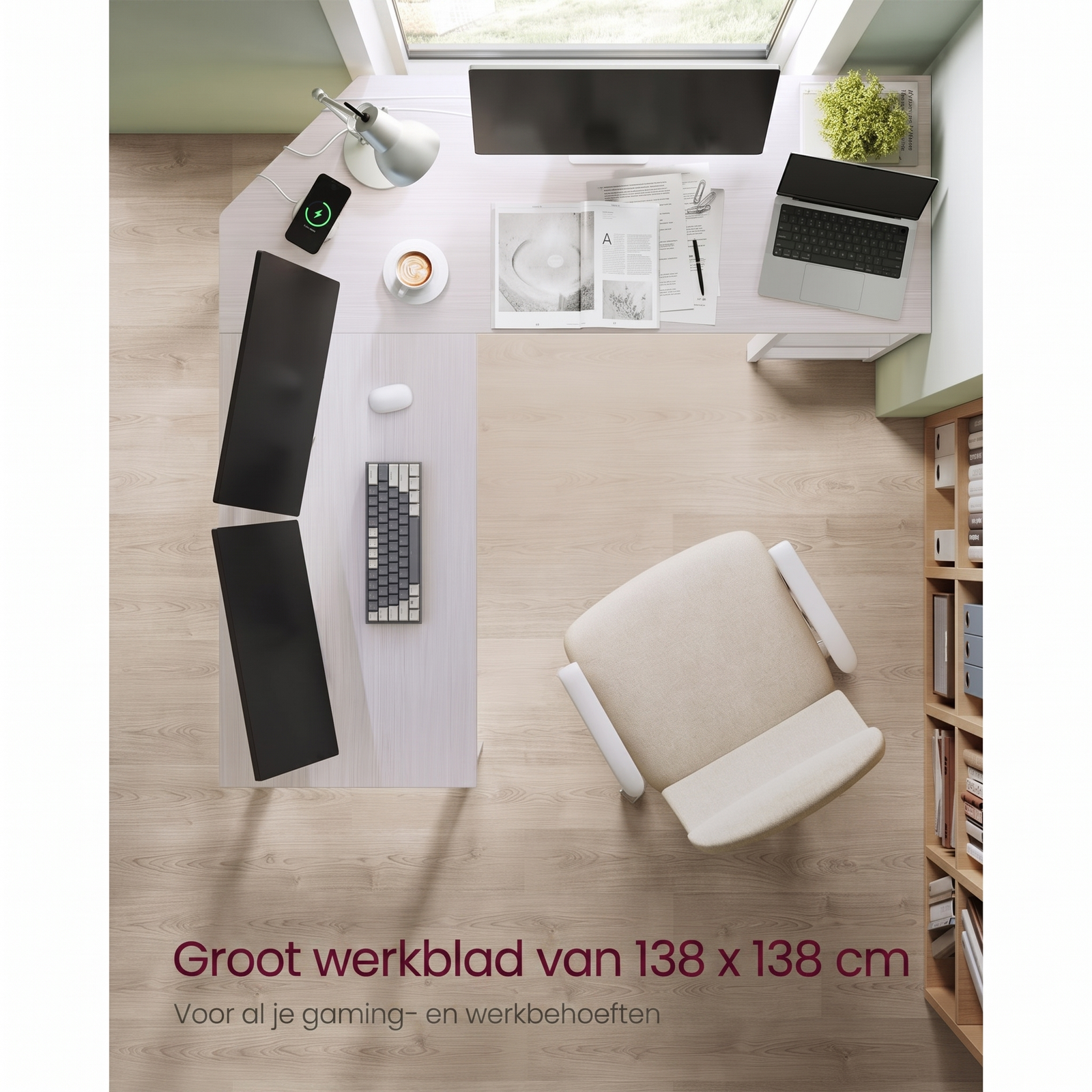 L-vormig Hoekbureau met Opbergplanken en Houtlook Werkblad – productweergave 26 | De Groot Living