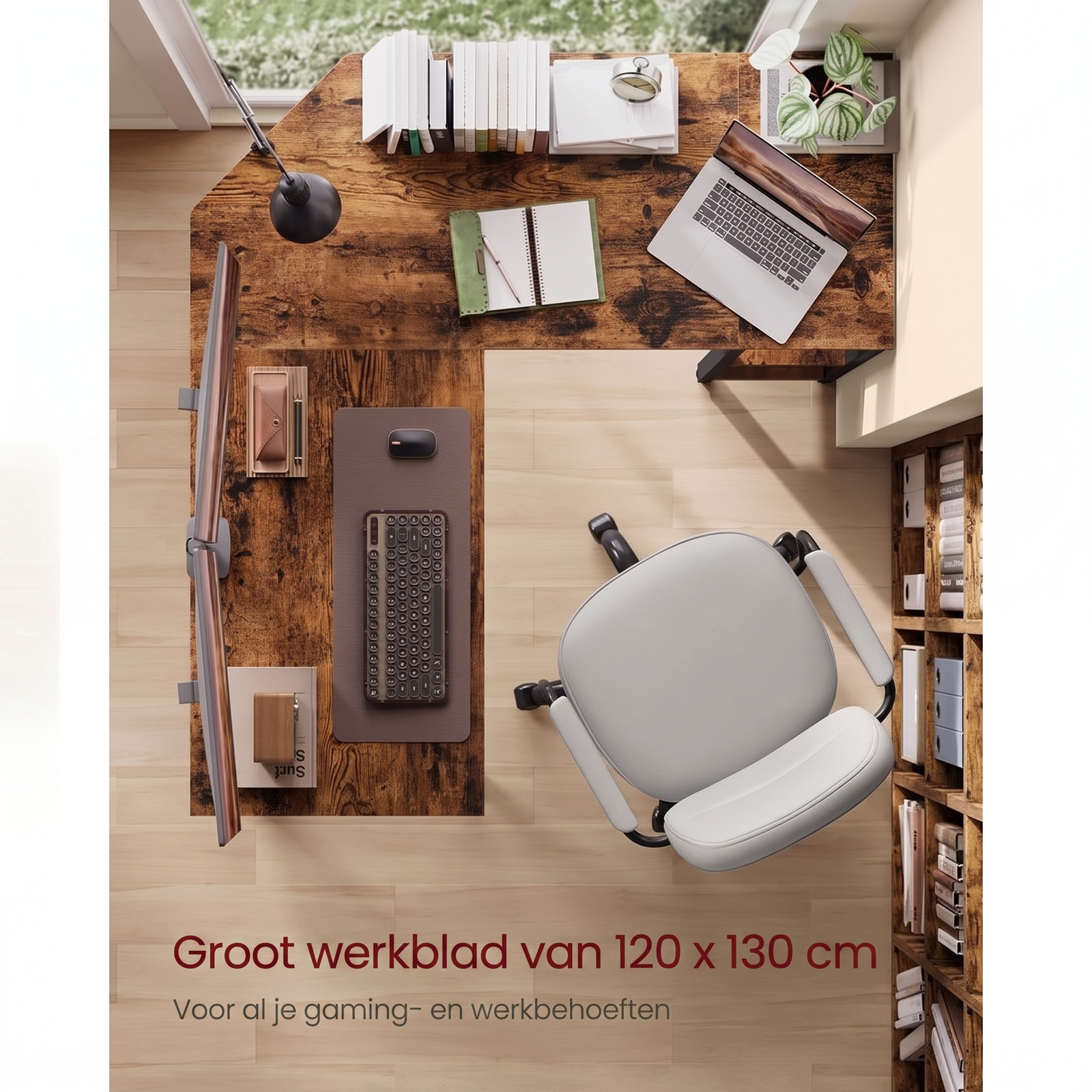 L-vormig Hoekbureau met Opbergplanken en Houtlook Werkblad – productweergave 34 | De Groot Living