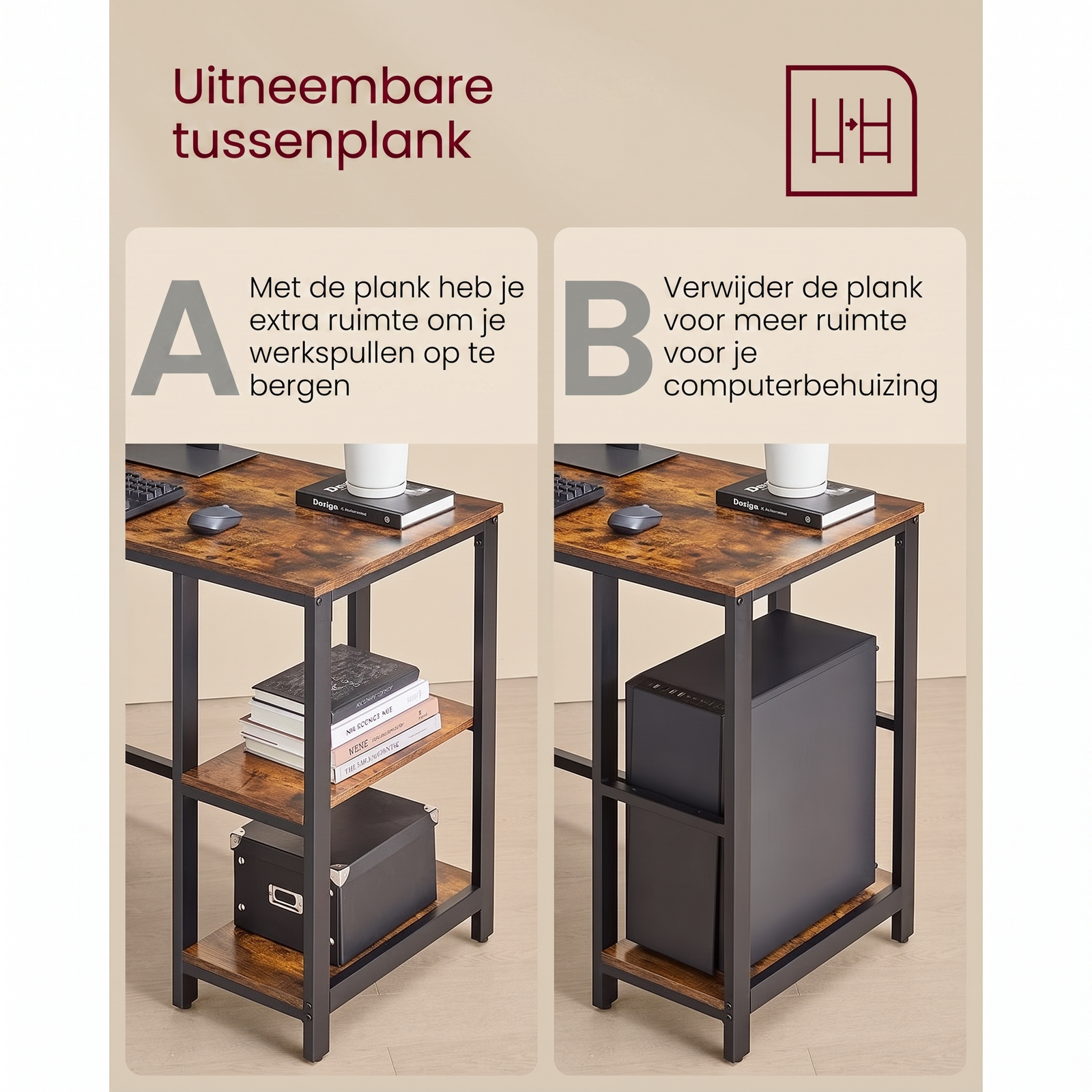 L-vormig Hoekbureau met Opbergplanken en Houtlook Werkblad – productweergave 35 | De Groot Living
