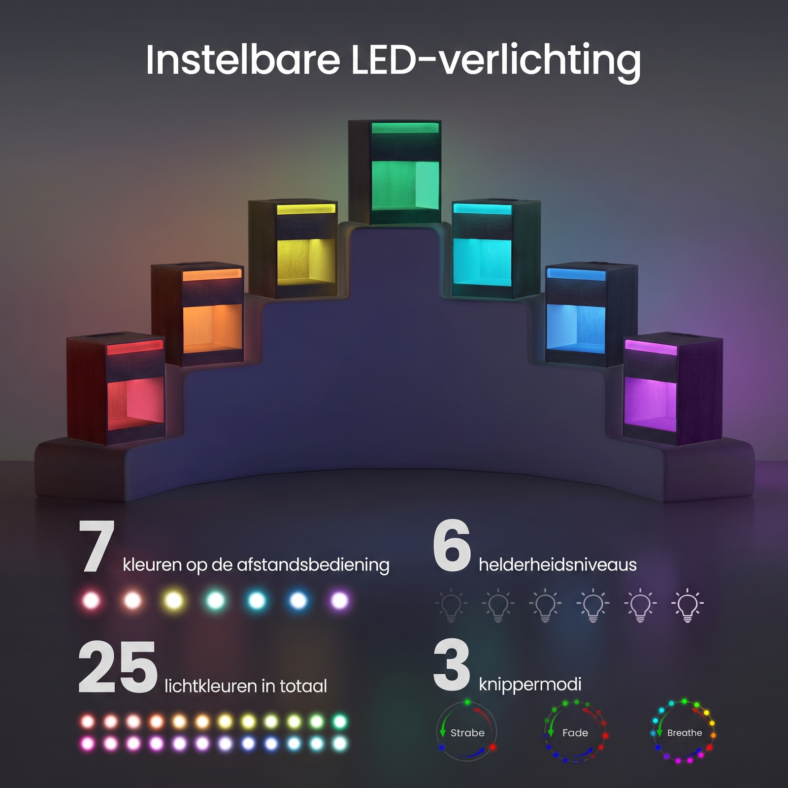Nachtkastje met Verstelbare LED-Verlichting en Stopcontacten – productweergave 7 | De Groot Living