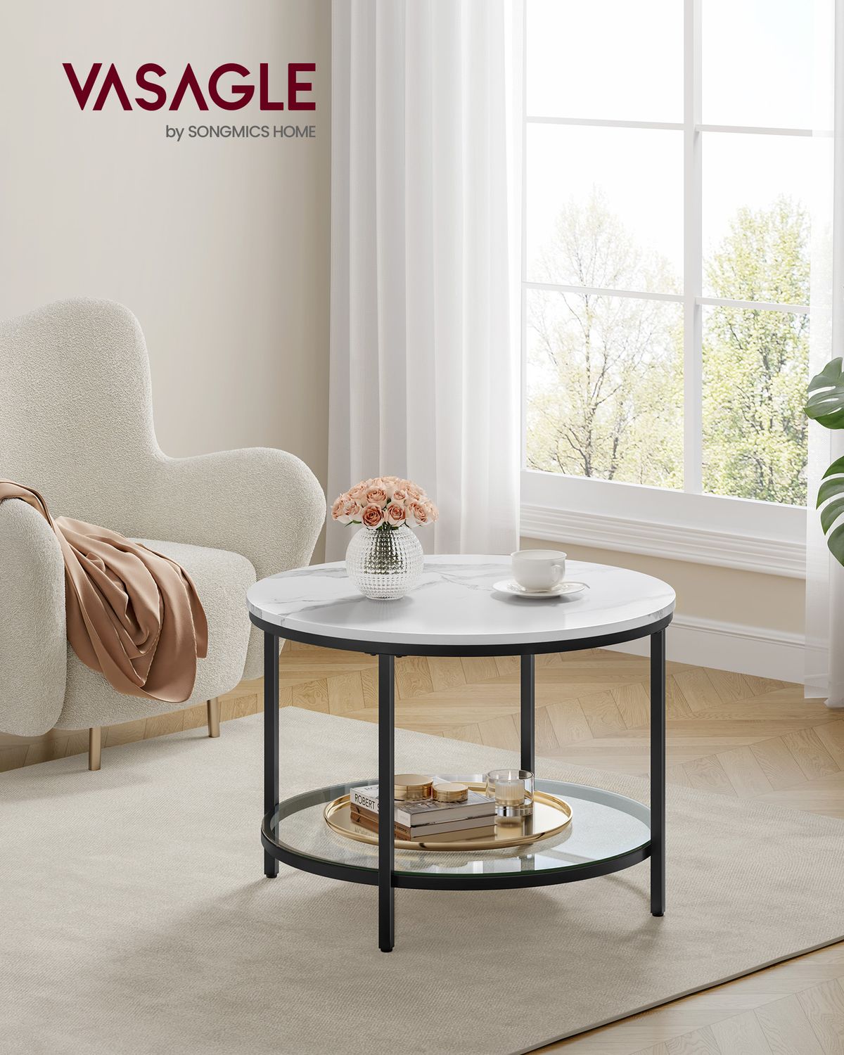 Salontafel met Glazen Blad en 2 Planken in Marmerlook – productweergave 8 | De Groot Living
