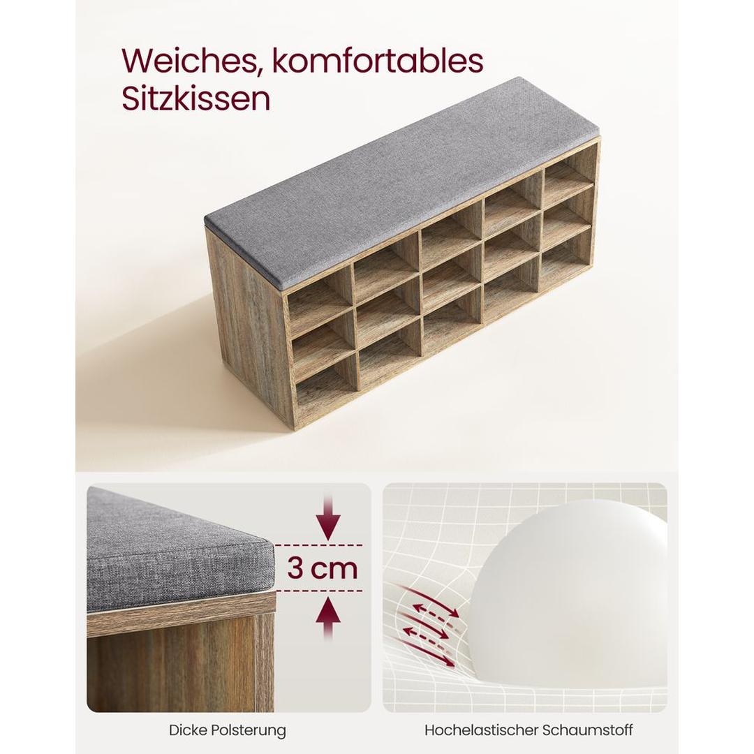 Schoenenbank Met 15 Opbergvakken en Gestoffeerde Zitting Voor Hal – productweergave 21 | De Groot Living