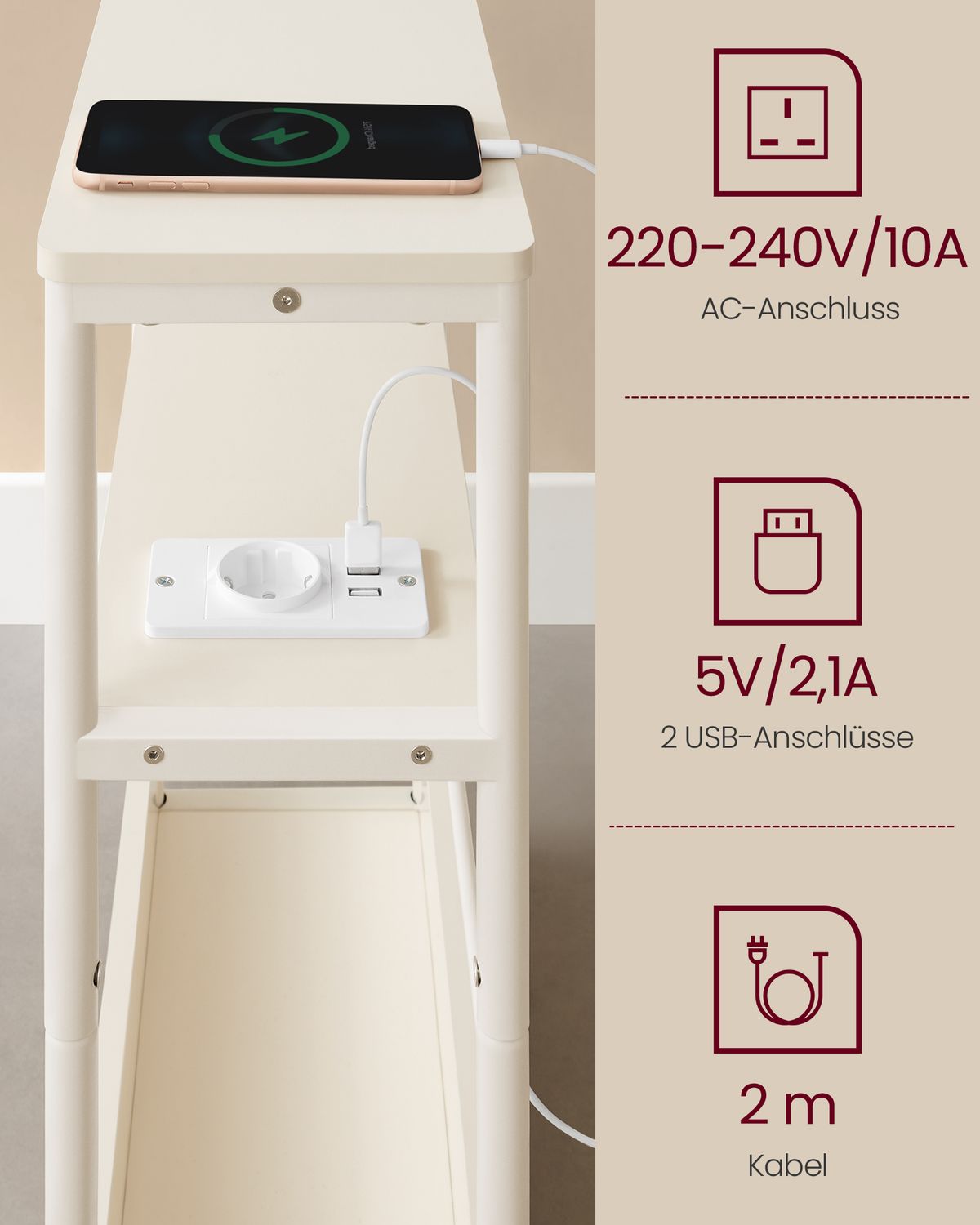 Smalle Bijzettafel met 3 Planken en Oplaadfunctie – productweergave 7 | De Groot Living