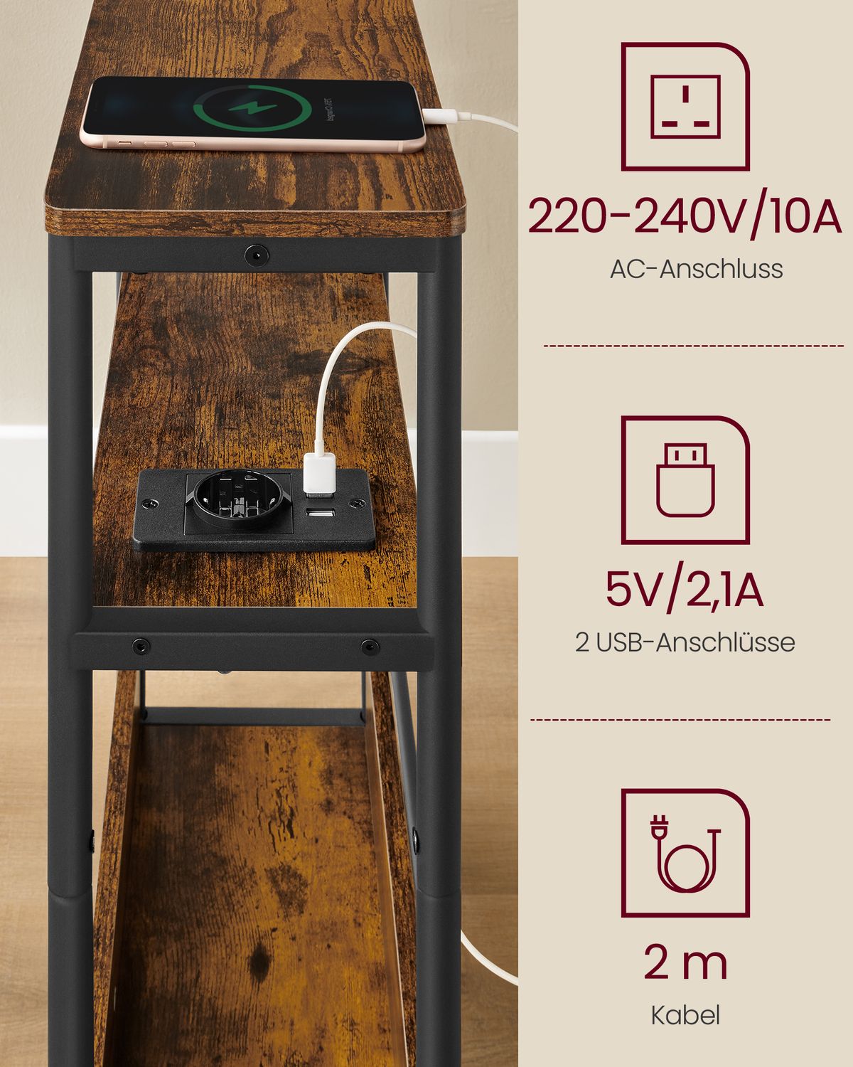 Smalle Bijzettafel met 3 Planken en Oplaadfunctie – productweergave 14 | De Groot Living