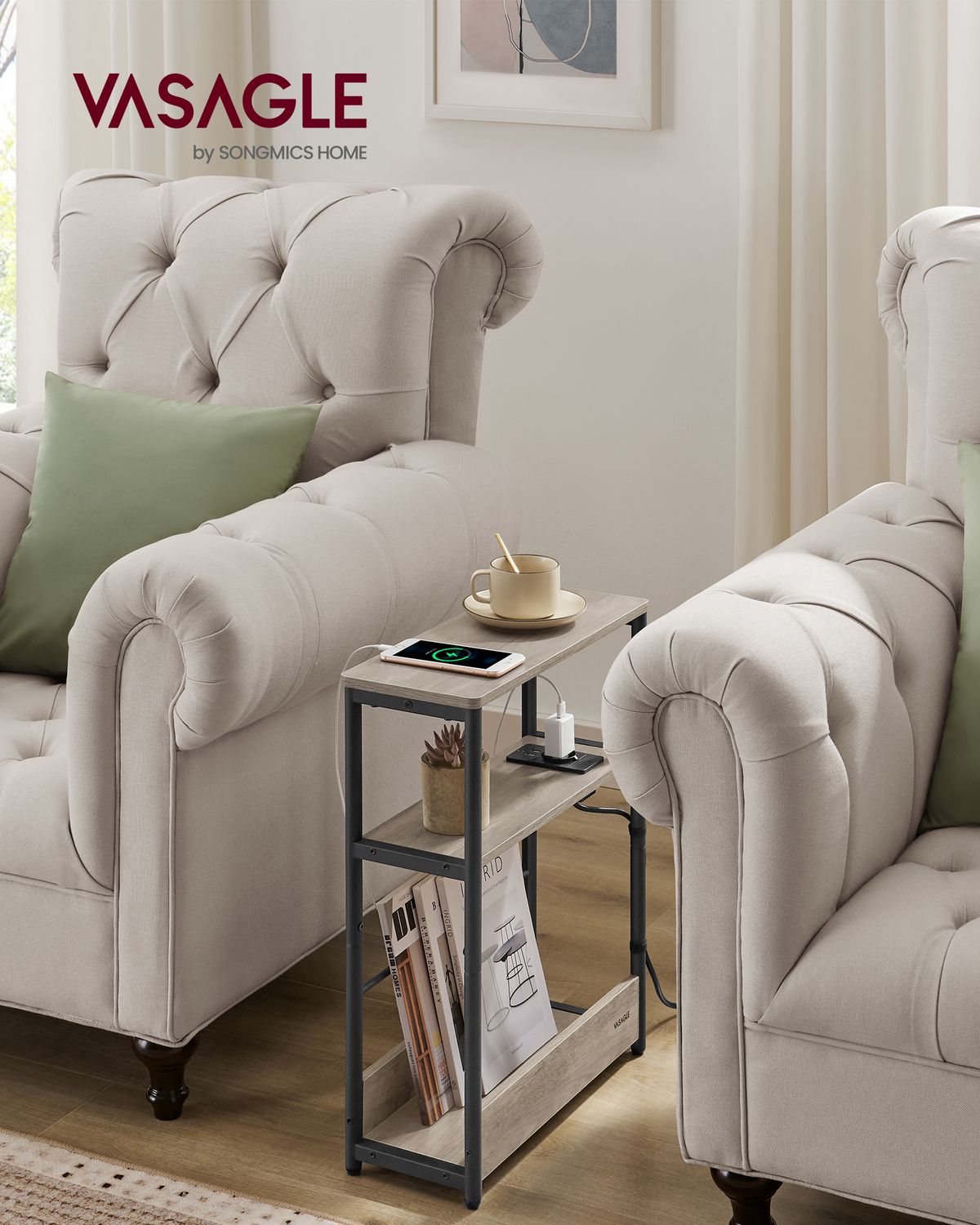 Smalle Bijzettafel met 3 Planken en Oplaadfunctie – productweergave 26 | De Groot Living