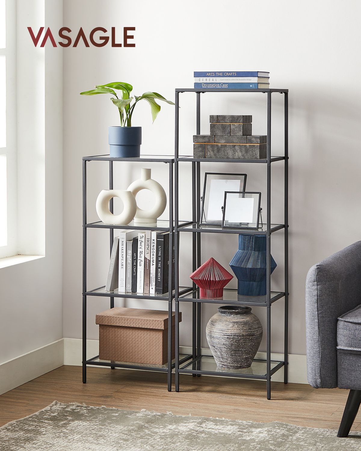 Smalle Stellingkast van Gehard Glas met Stalen Frame – productweergave 7 | De Groot Living