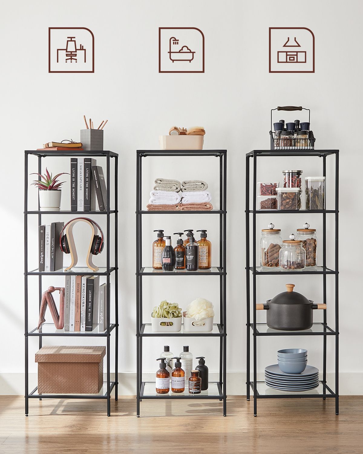 Smalle Stellingkast van Gehard Glas met Stalen Frame – productweergave 11 | De Groot Living
