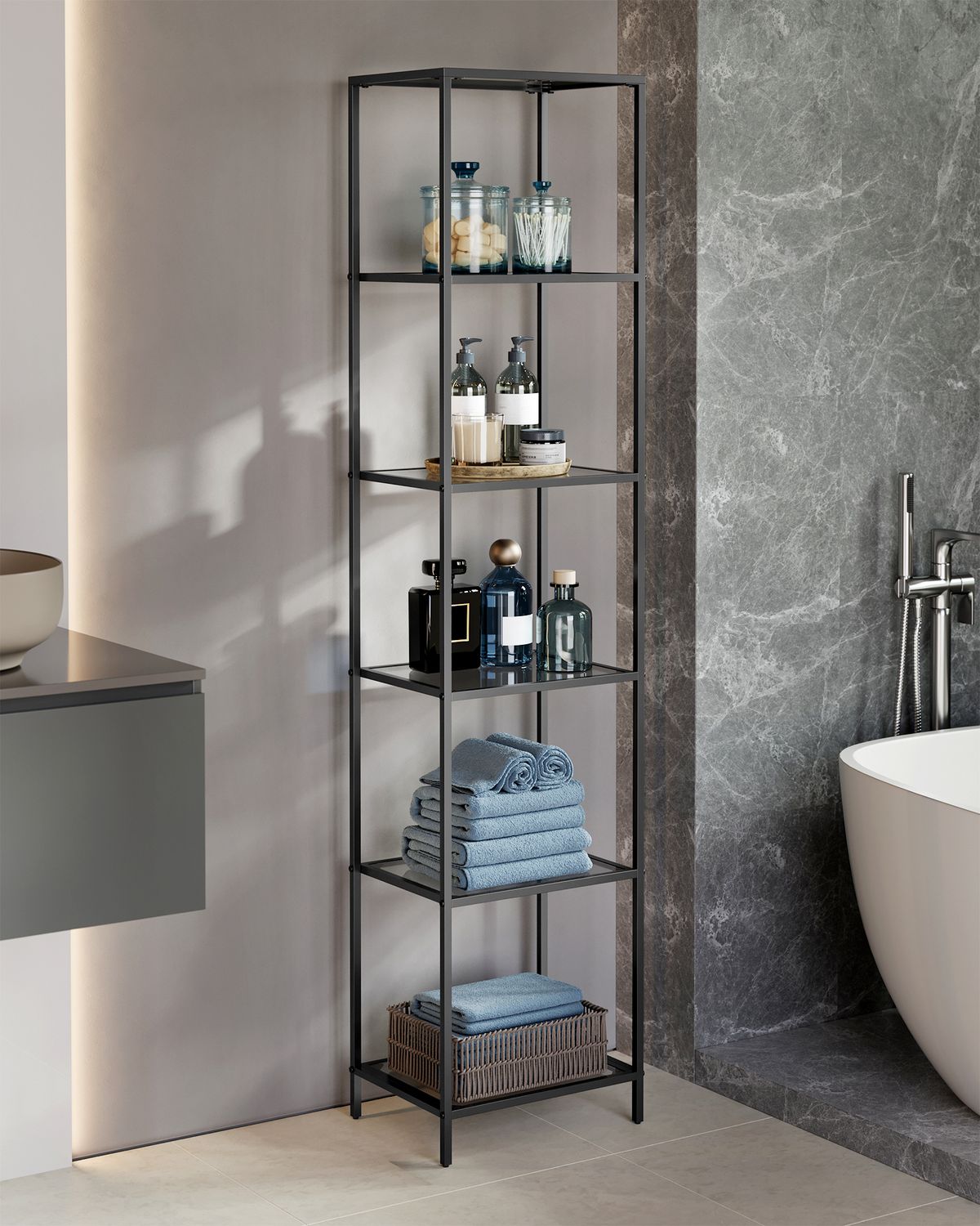 Smalle Stellingkast van Gehard Glas met Stalen Frame – productweergave 24 | De Groot Living