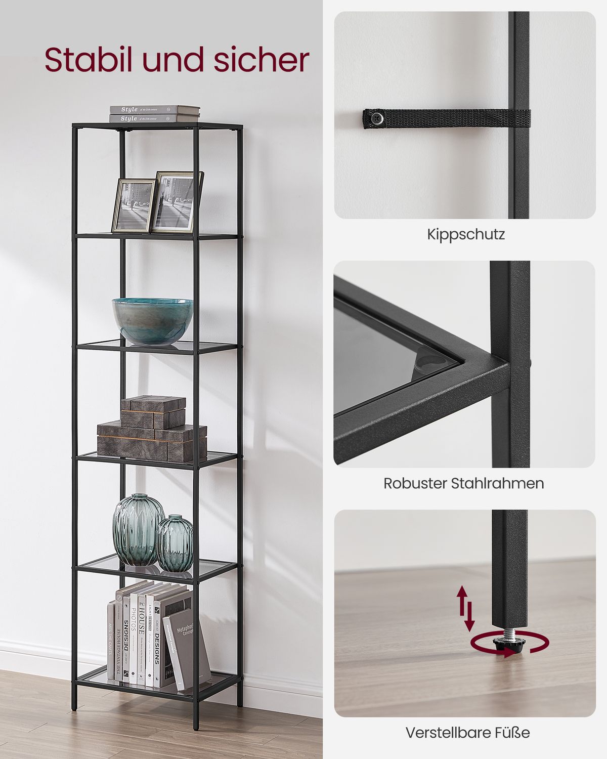 Smalle Stellingkast van Gehard Glas met Stalen Frame – productweergave 29 | De Groot Living