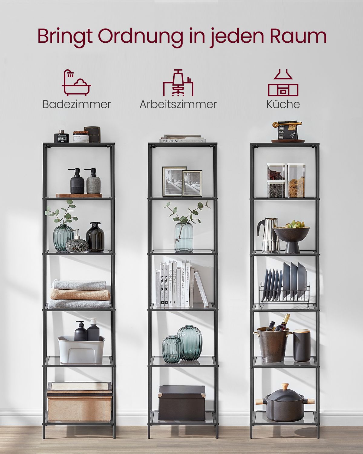 Smalle Stellingkast van Gehard Glas met Stalen Frame – productweergave 30 | De Groot Living