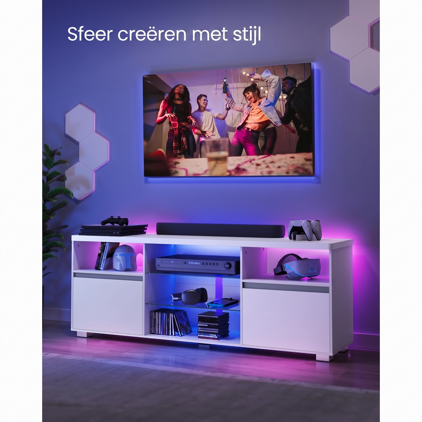 TV-Meubel met LED-Verlichting en Verstelbare Glazen Planken – productweergave 5 | De Groot Living