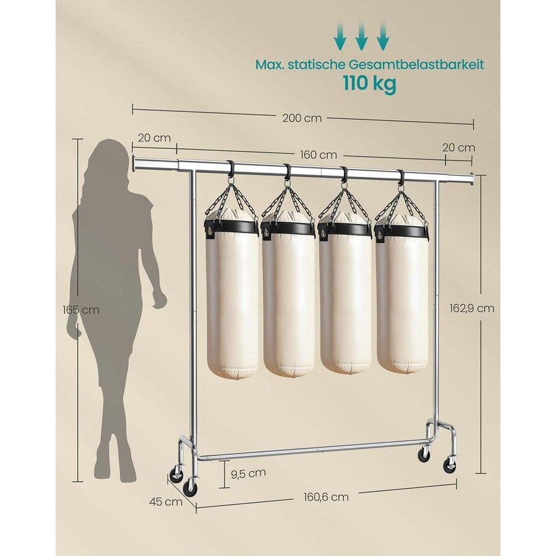 Uitschuifbaar Kledingrek Op Wielen Van Verchroomd Staal 160-200 cm – productweergave 6 | De Groot Living