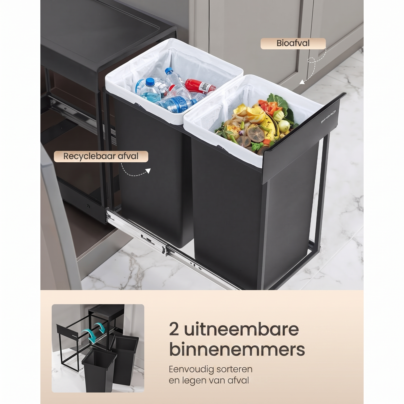 Uittrekbare Prullenbak voor Keukenkast met Afvalscheiding – productweergave 6 | De Groot Living