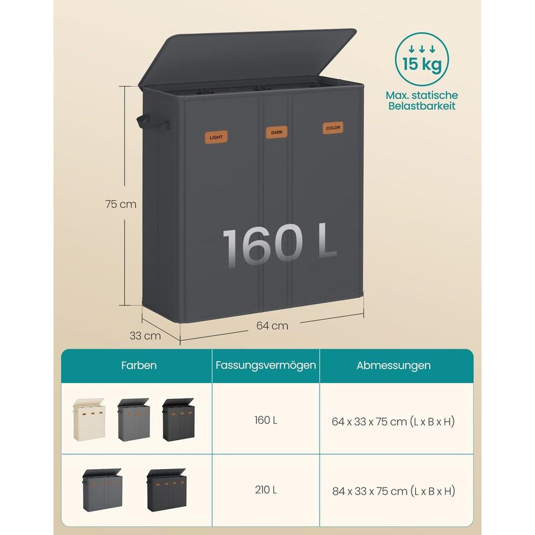 Wasmand Met 3 Compartimenten en Wasbare Binnenzak 160 Liter – productweergave 10 | De Groot Living