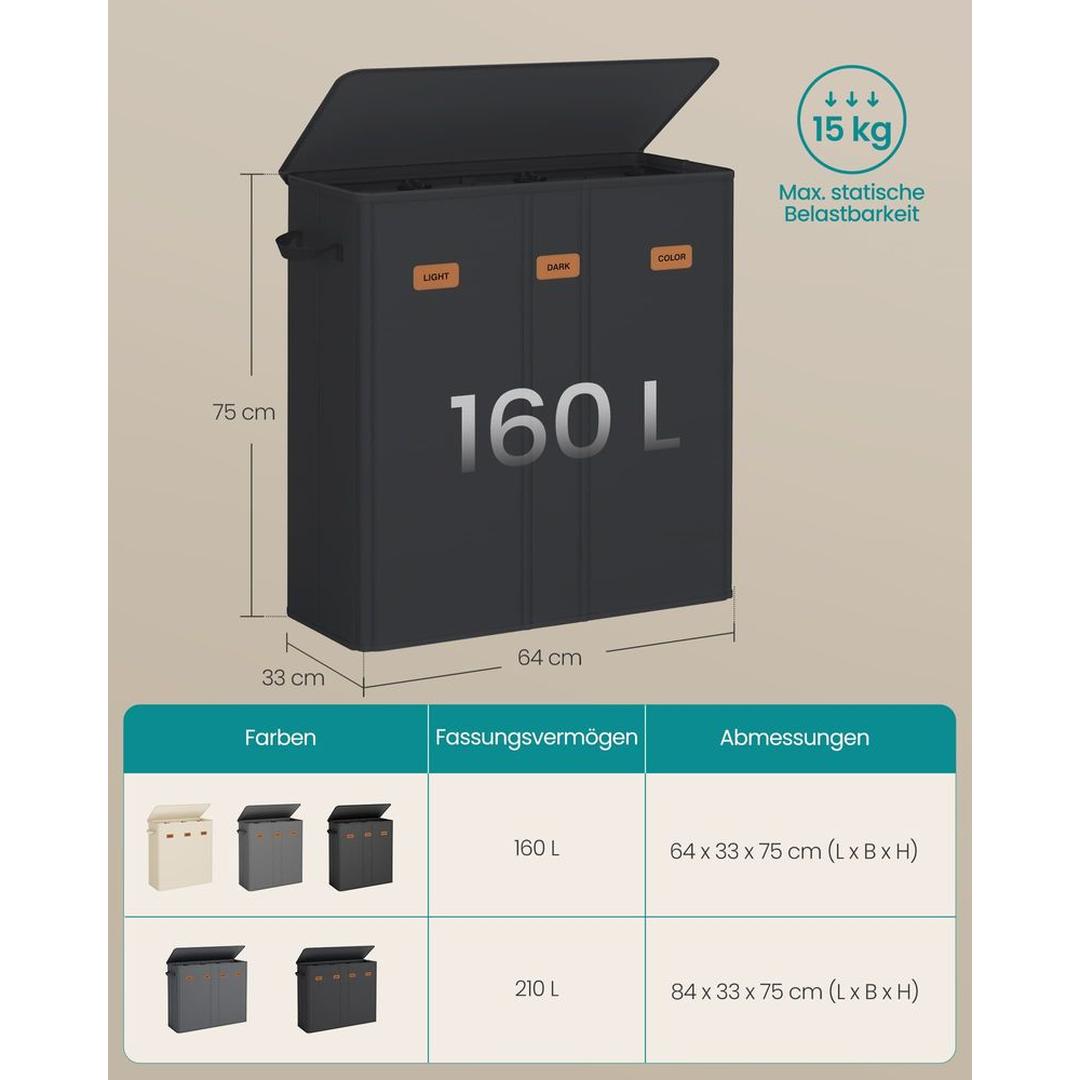 Wasmand Met 3 Compartimenten en Wasbare Binnenzak 160 Liter – productweergave 20 | De Groot Living