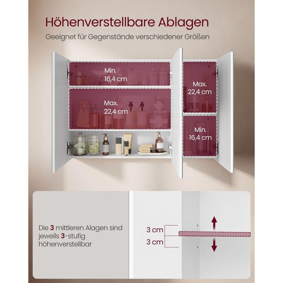 Witte Spiegelkast met 3 Spiegeldeuren en Verstelbare Planken Voor Badkamer – productweergave 9 | De Groot Living