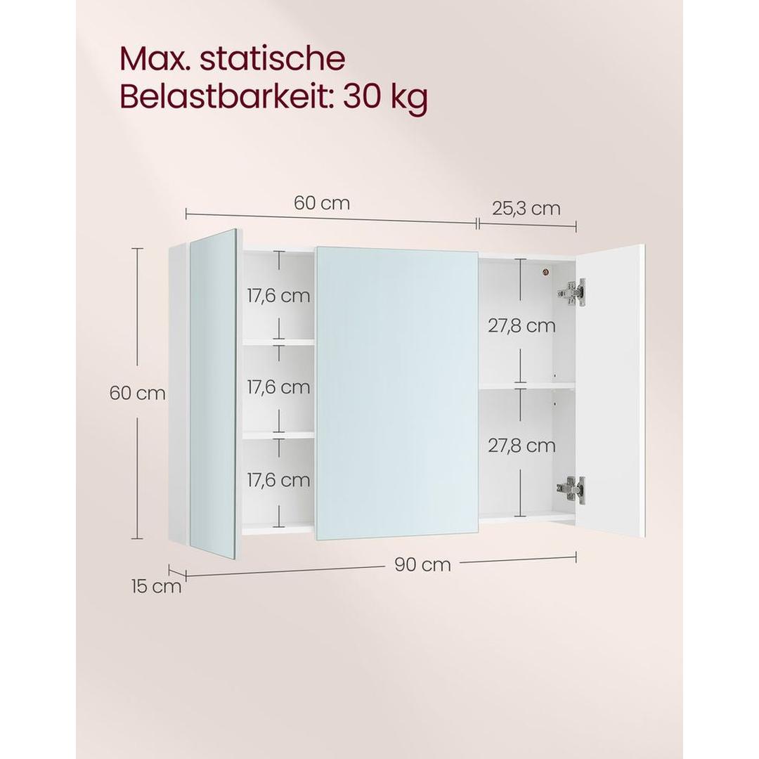 Witte Spiegelkast met 3 Spiegeldeuren en Verstelbare Planken Voor Badkamer – productweergave 11 | De Groot Living