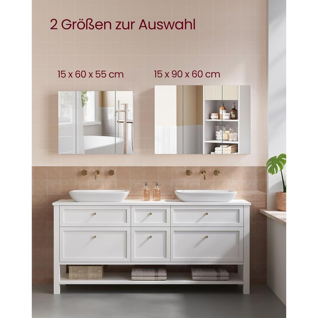 Witte Spiegelkast met 3 Spiegeldeuren en Verstelbare Planken Voor Badkamer – productweergave 12 | De Groot Living