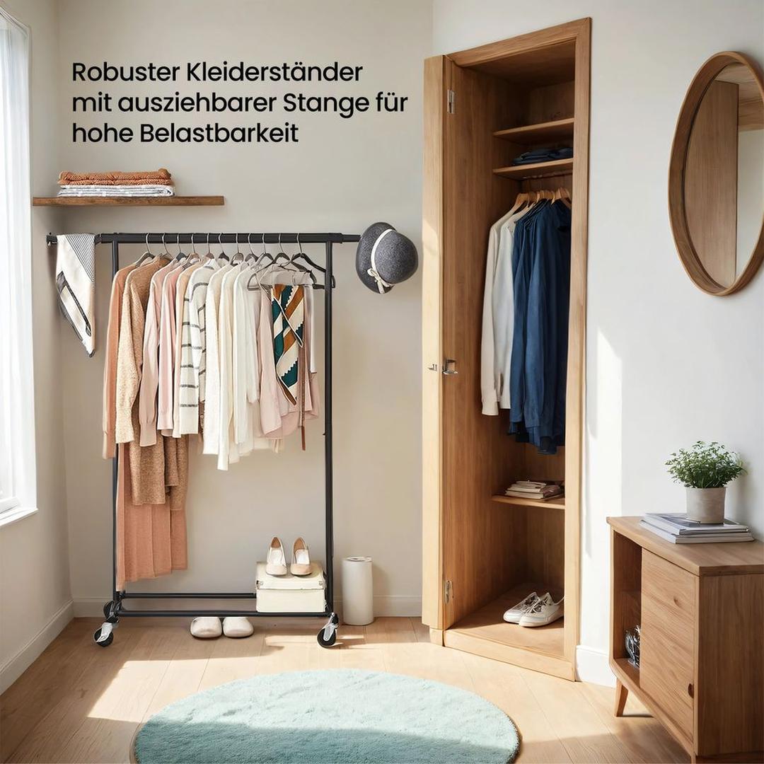 Zwaar Kledingrek Op Wielen met Uitschuifbare Stang en Opbergruimte – productweergave 8 | De Groot Living