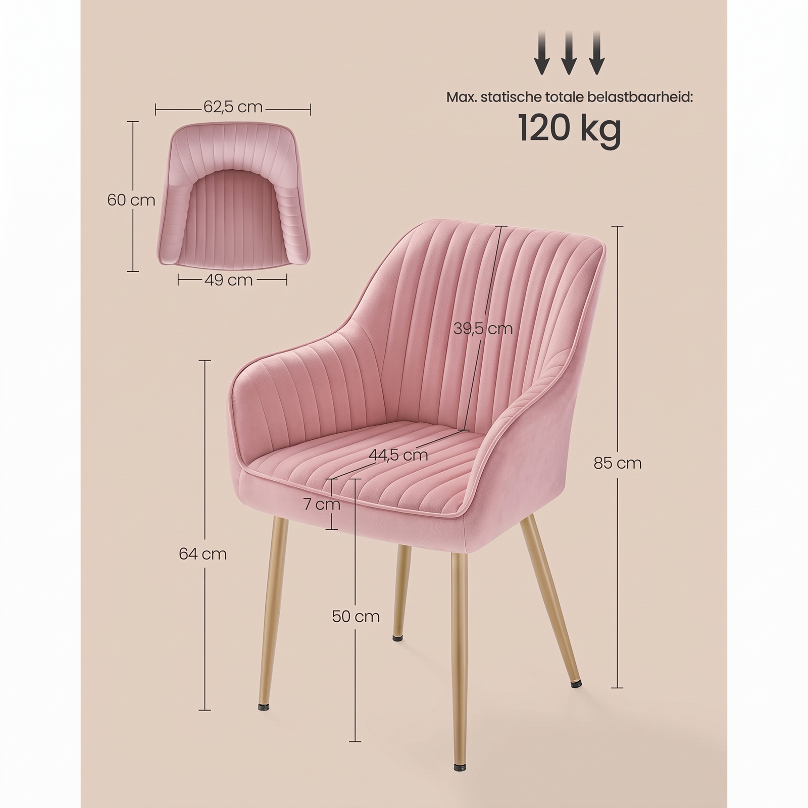 Fluwelen Eetkamerstoel met Armleuningen en Metalen Onderstel, 62,5x60x85 cm