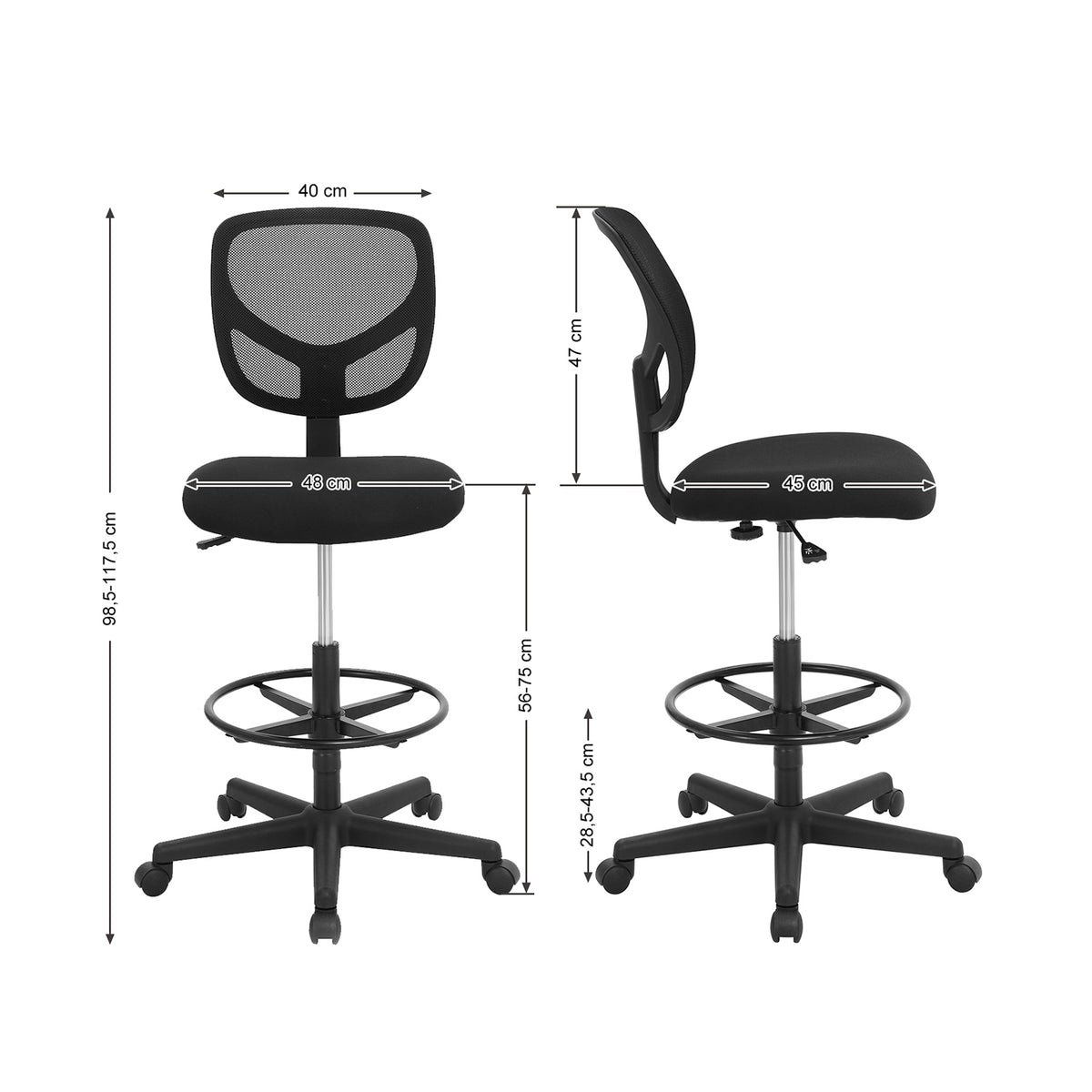 Hoge Bureaustoel met Netbekleding en Verstelbare Voetenring, Zithoogte 51,5 tot 71,5 cm