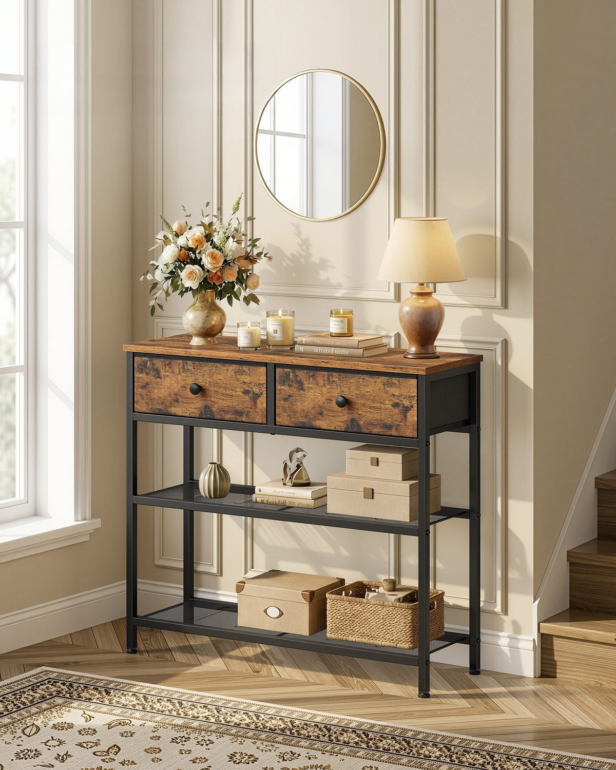 Consoletafel met 2 Stoffen Lades en 2 Roosterschappen, Vintagebruin