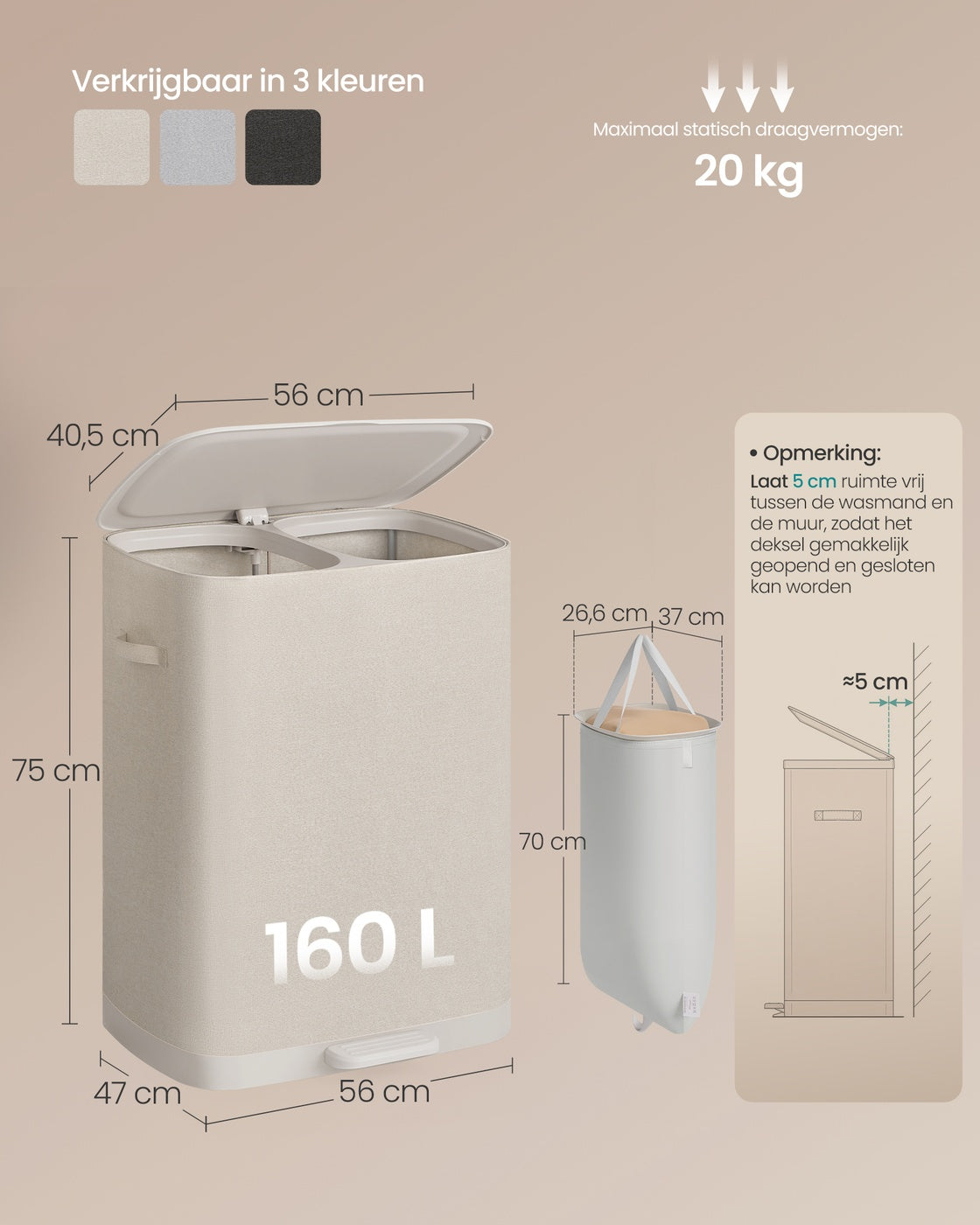 Wasmand met Deksel en 2 Vakken, 160 Liter